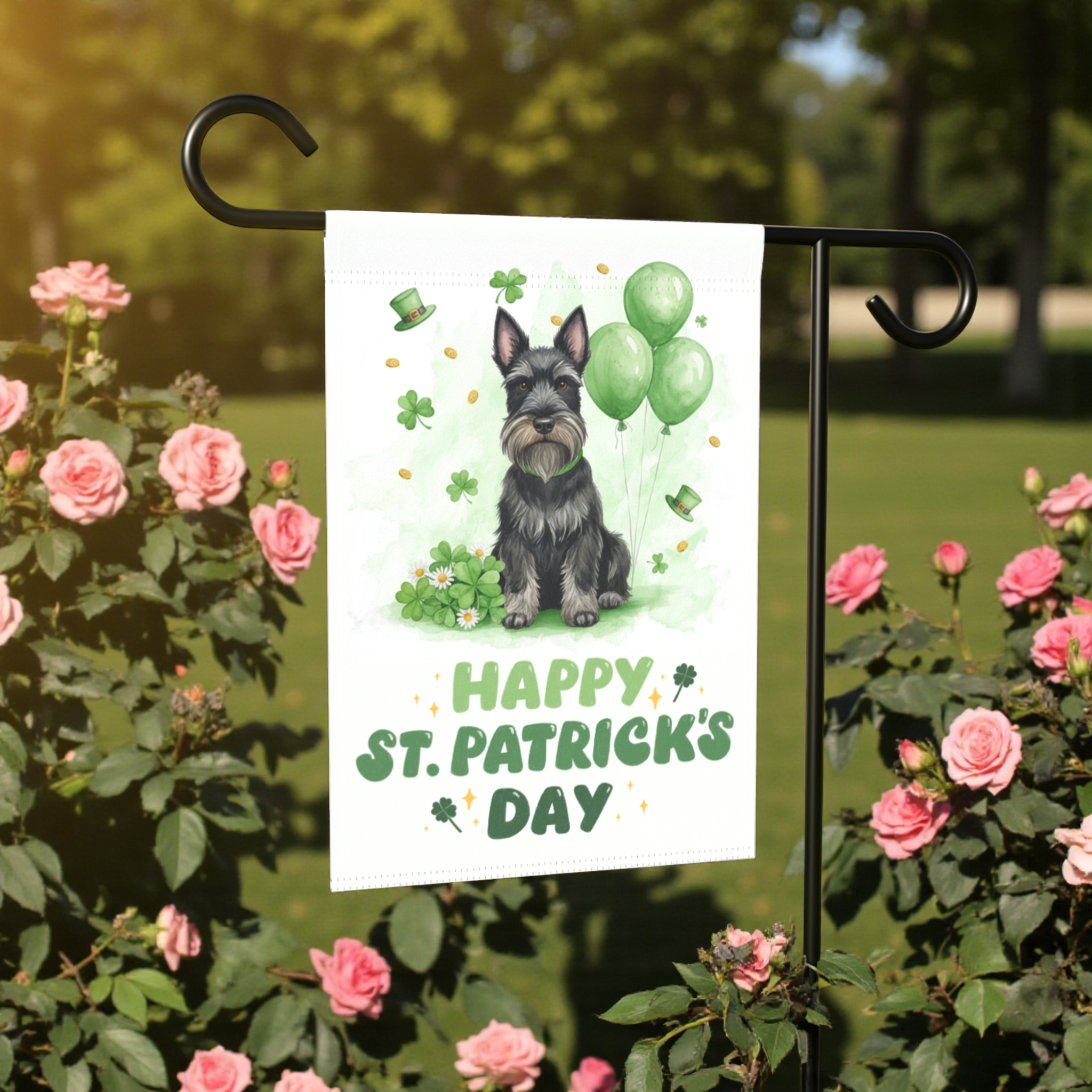 Scottish Terrier St. Patrick’s Day Garden Flag - lifestyle display - Dragonfire Gardens