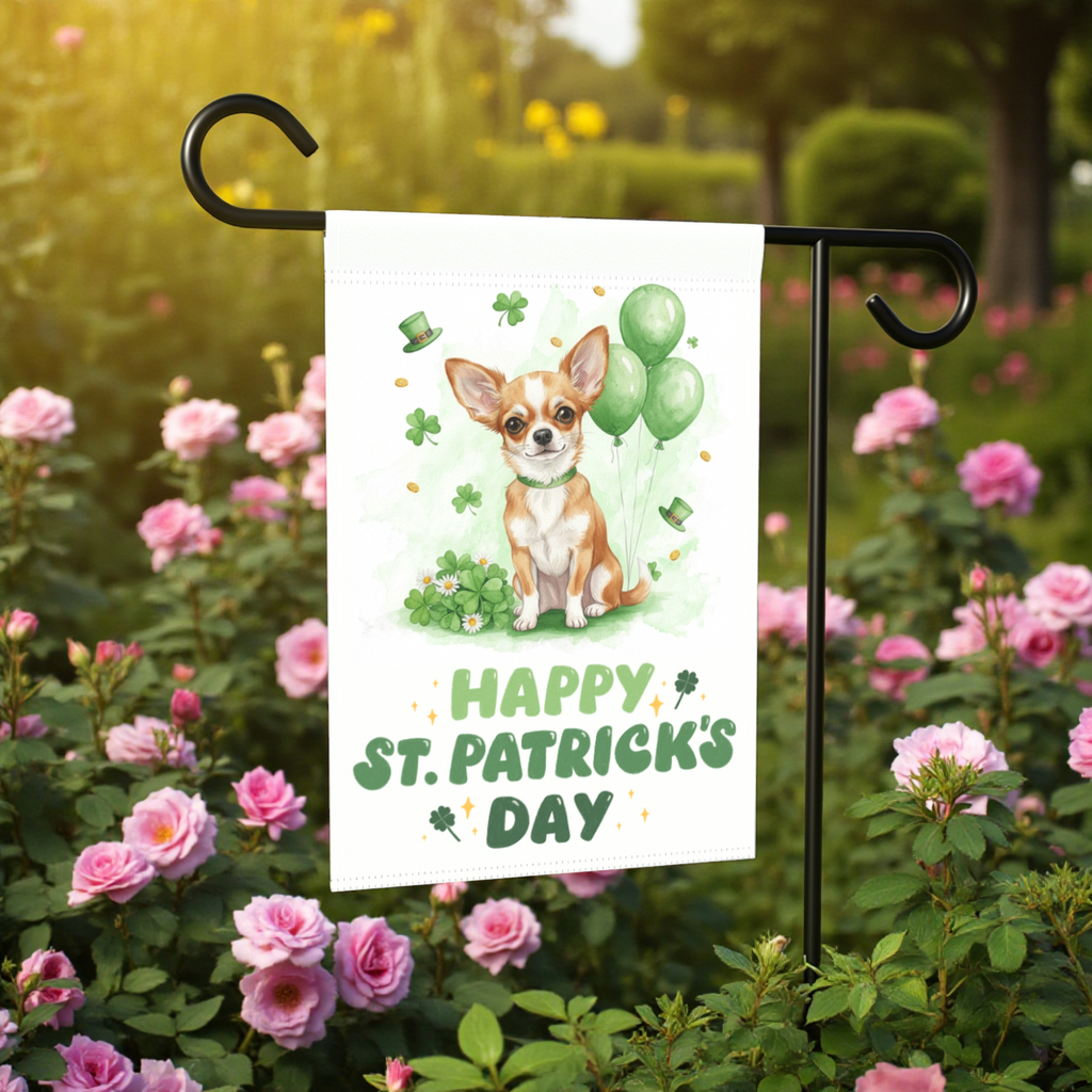Short Haired Chihuahua St. Patrick’s Day Garden Flag - front view - Dragonfire Gardens