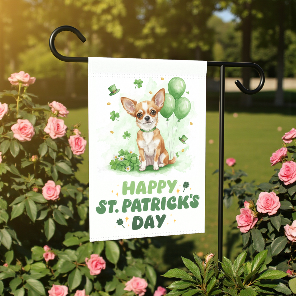 Short Haired Chihuahua St. Patrick’s Day Garden Flag - size comparison - Dragonfire Gardens