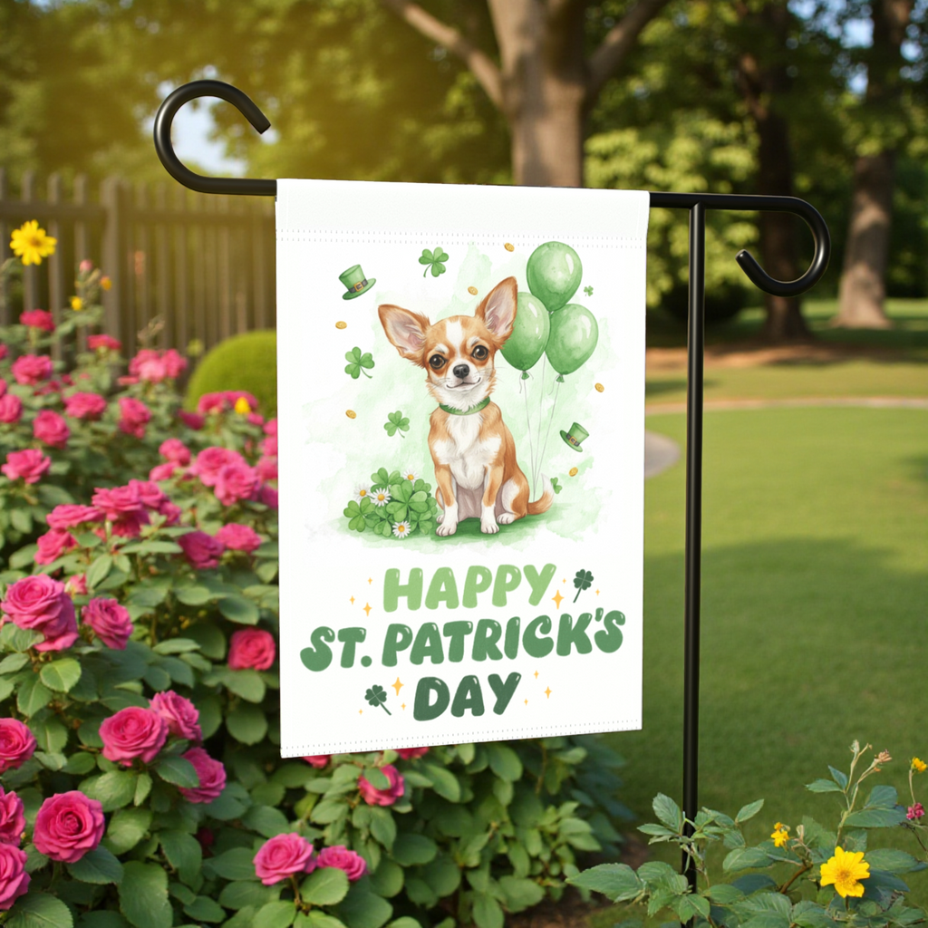 Short Haired Chihuahua St. Patrick’s Day Garden Flag - lifestyle display - Dragonfire Gardens
