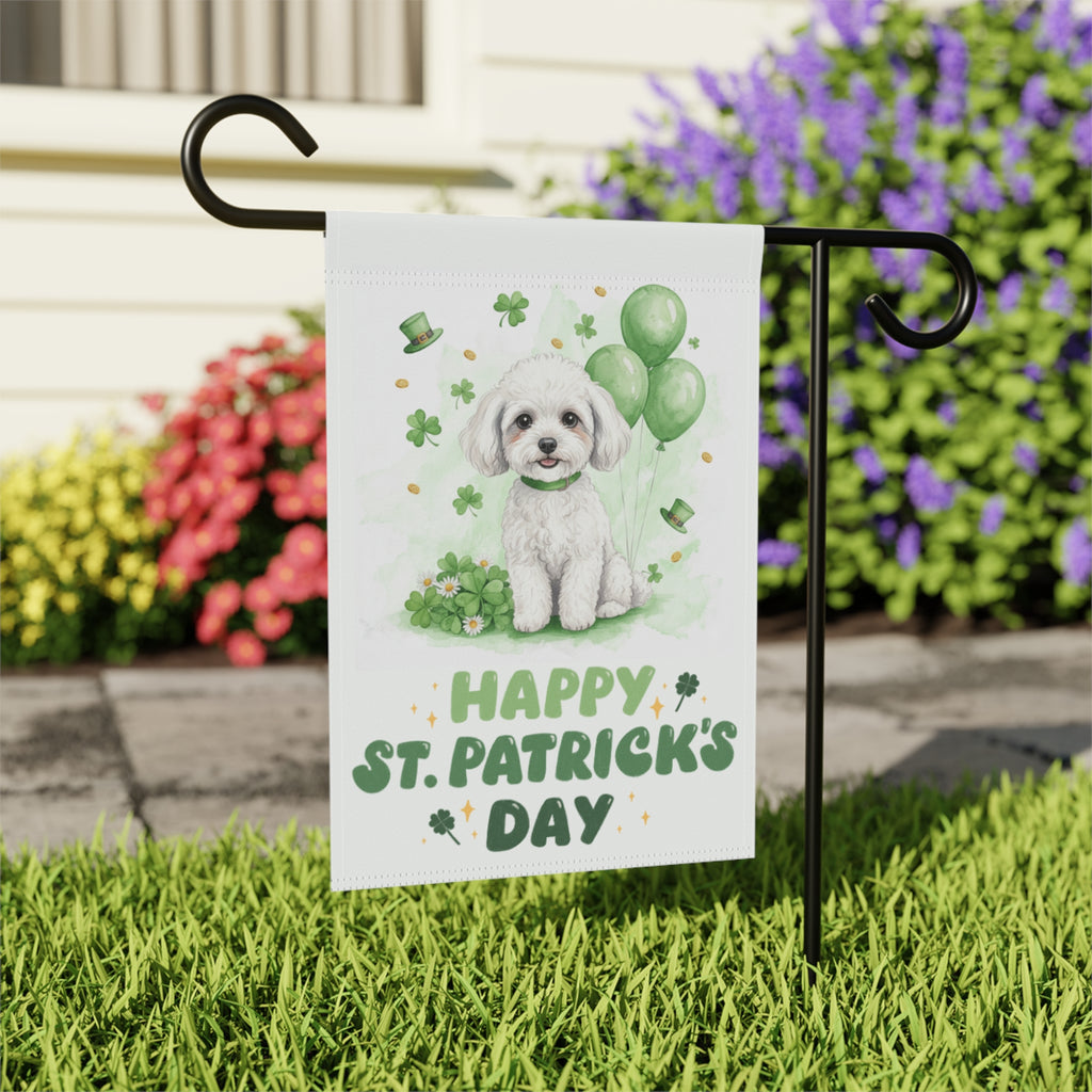 White Toy Poodle St. Patrick’s Day Garden Flag - outdoor display - Dragonfire Gardens