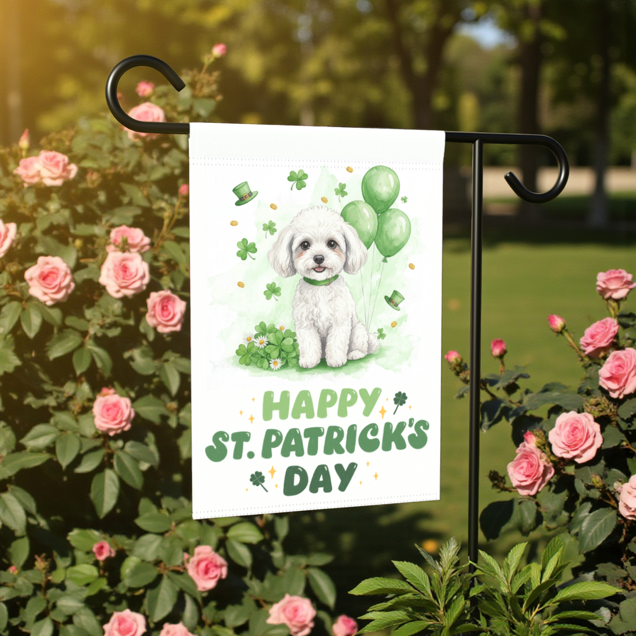 White Toy Poodle St. Patrick’s Day Garden Flag - lifestyle display - Dragonfire Gardens