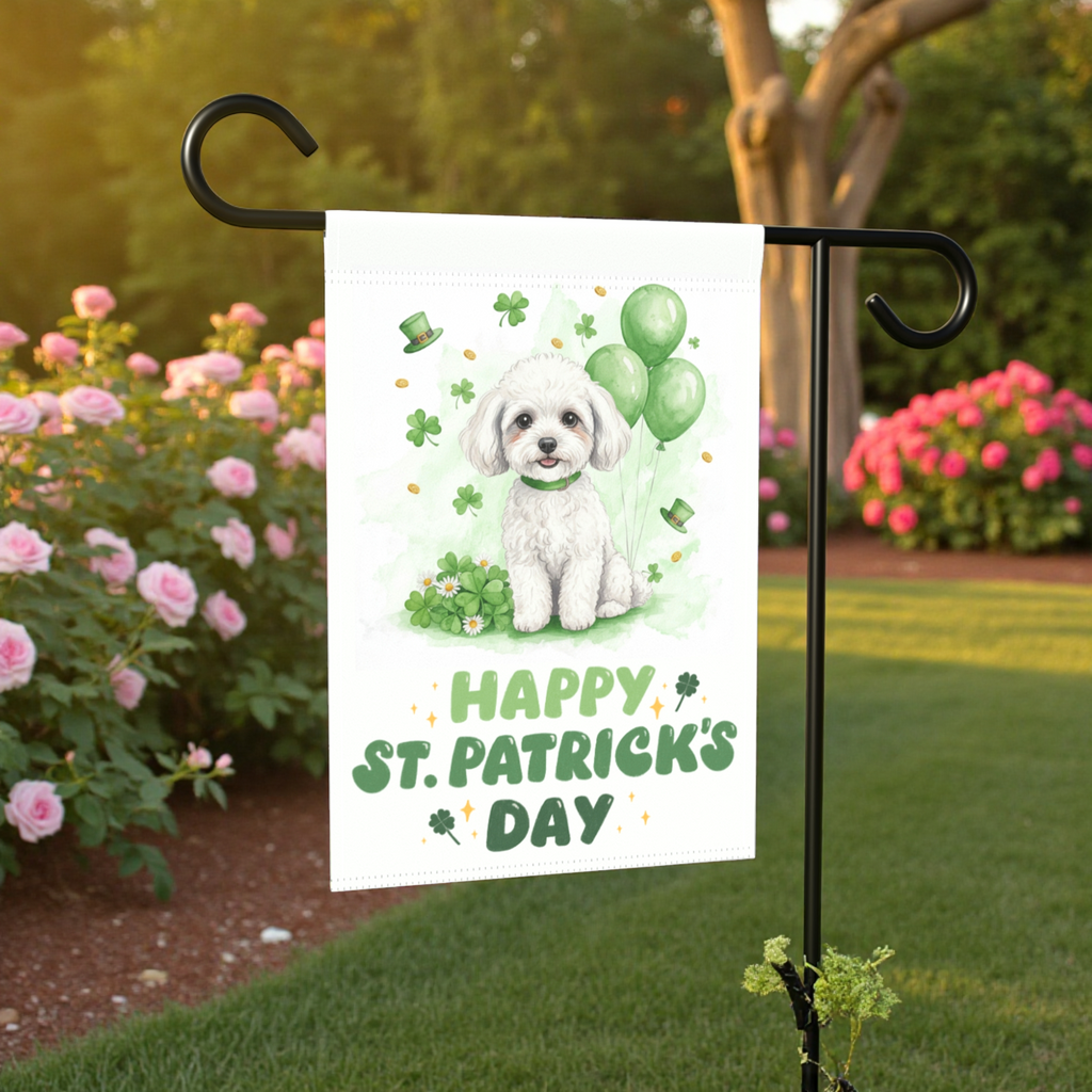 White Toy Poodle St. Patrick’s Day Garden Flag - size comparison - Dragonfire Gardens
