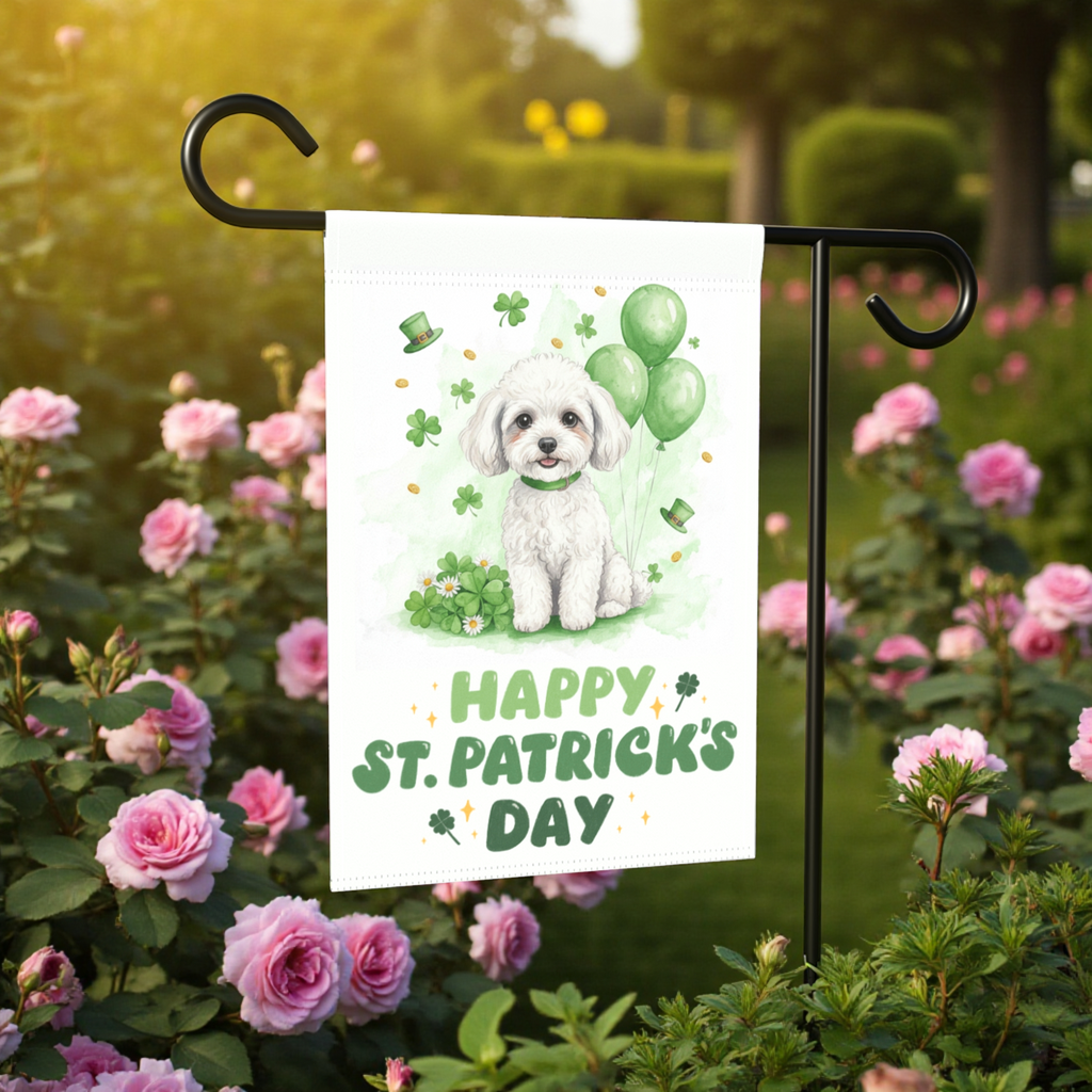 White Toy Poodle St. Patrick’s Day Garden Flag - front view - Dragonfire Gardens