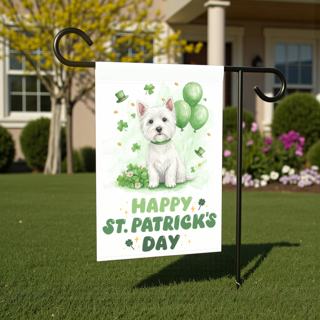 Westie St. Patrick's Day Garden Flag - size comparison - Dragonfire Gardens