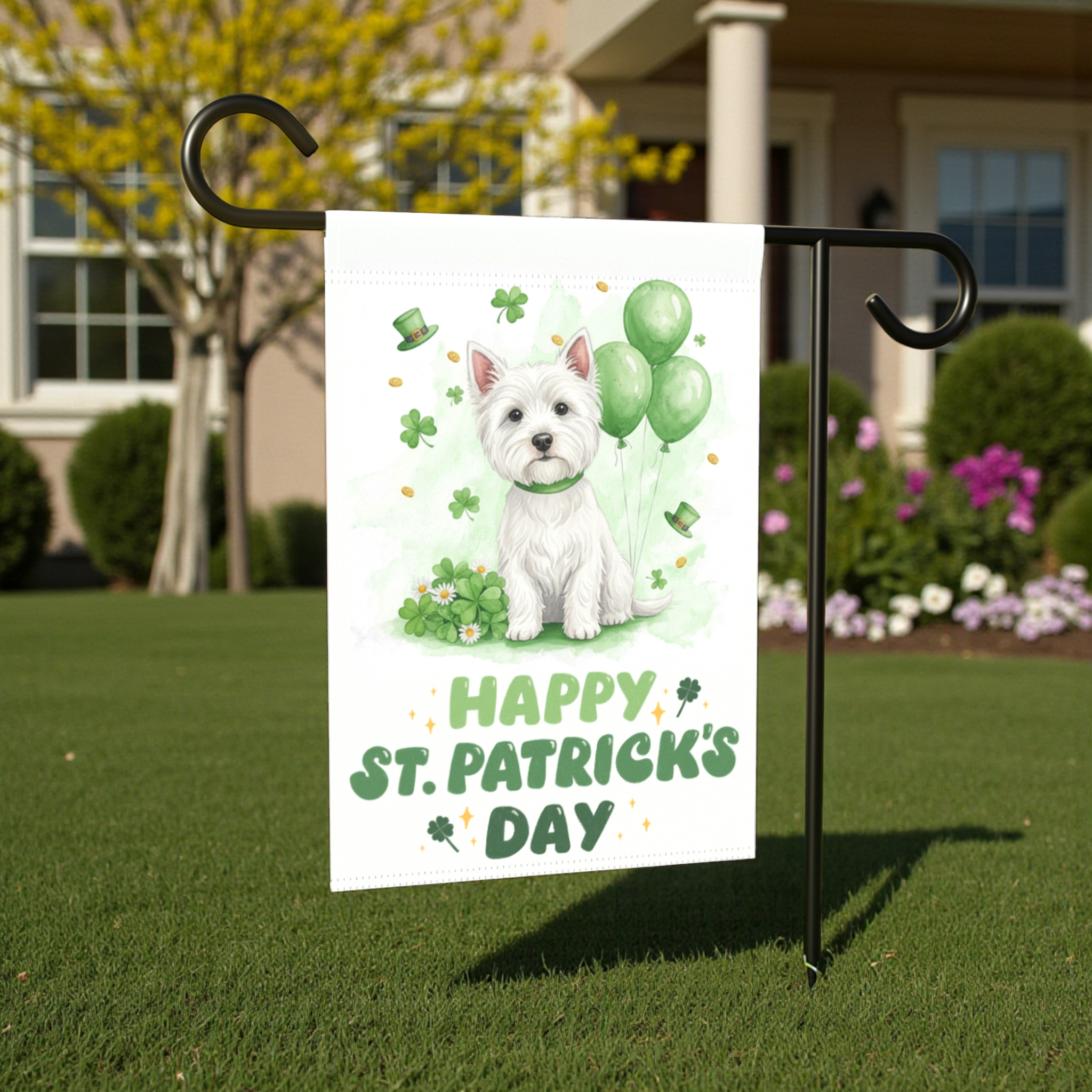 Westie St. Patrick's Day Garden Flag - lifestyle display - Dragonfire Gardens