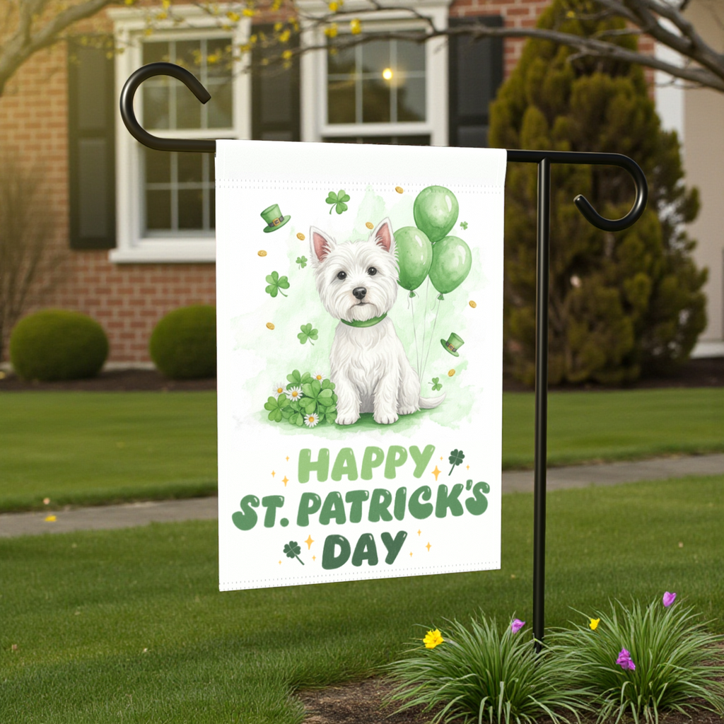 Westie St. Patrick's Day Garden Flag - front view - Dragonfire Gardens