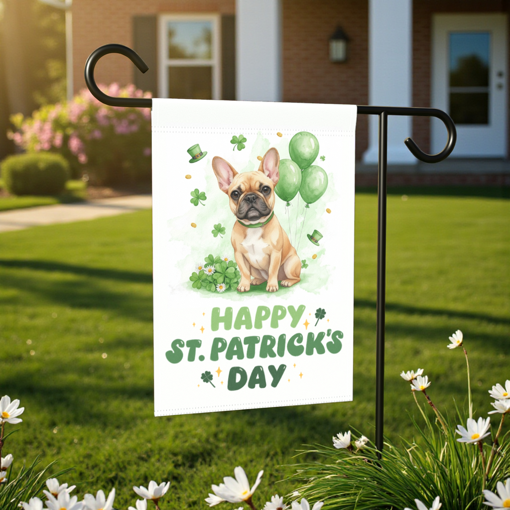 French Bulldog St. Patrick's Day Garden Flag - front view - Dragonfire Gardens
