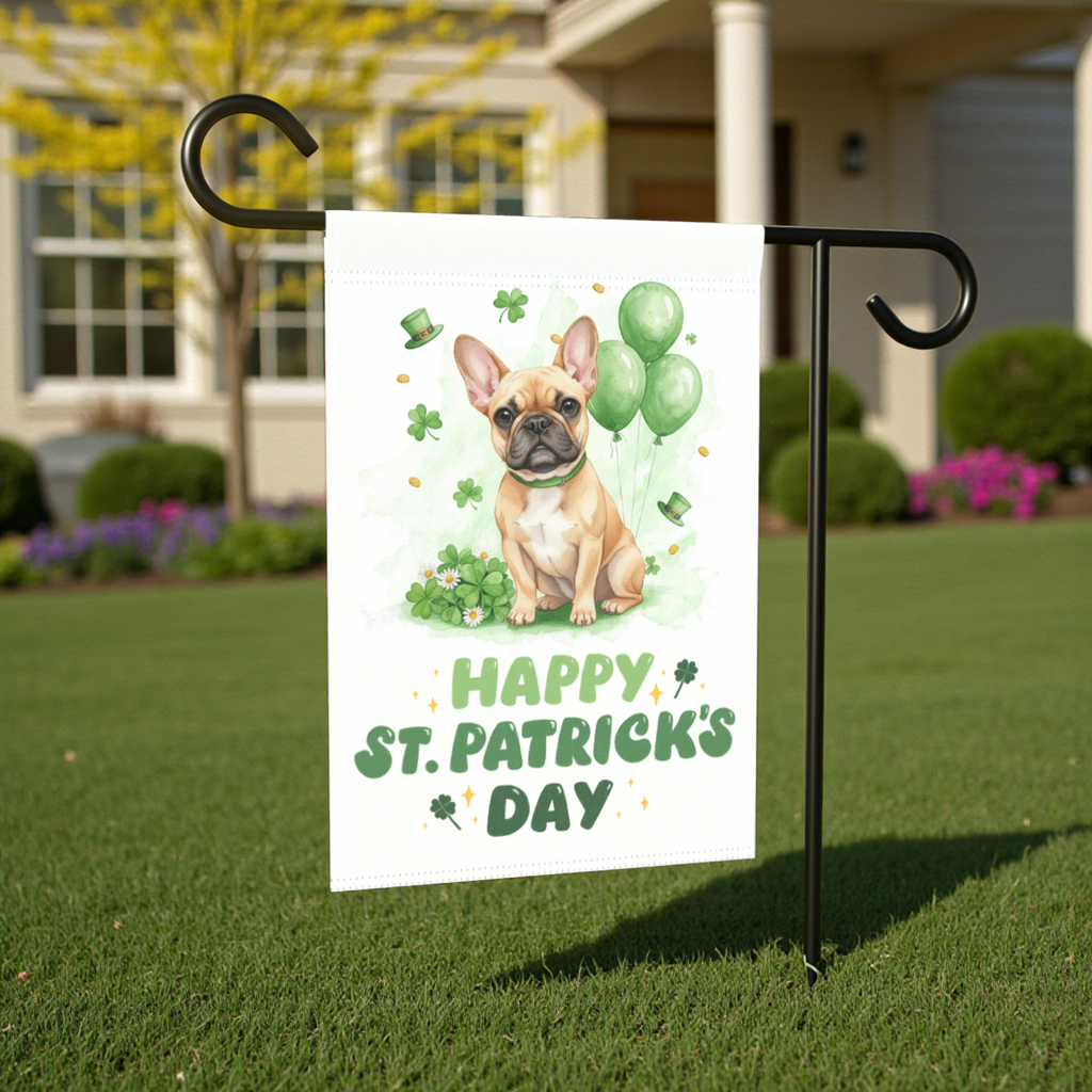 French Bulldog St. Patrick's Day Garden Flag - lifestyle display - Dragonfire Gardens