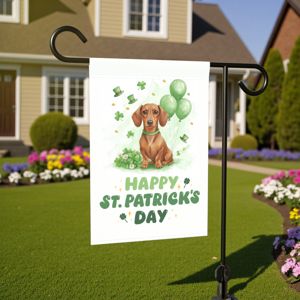 Dachshund St. Patrick's Day Garden Flag - front view - Dragonfire Gardens
