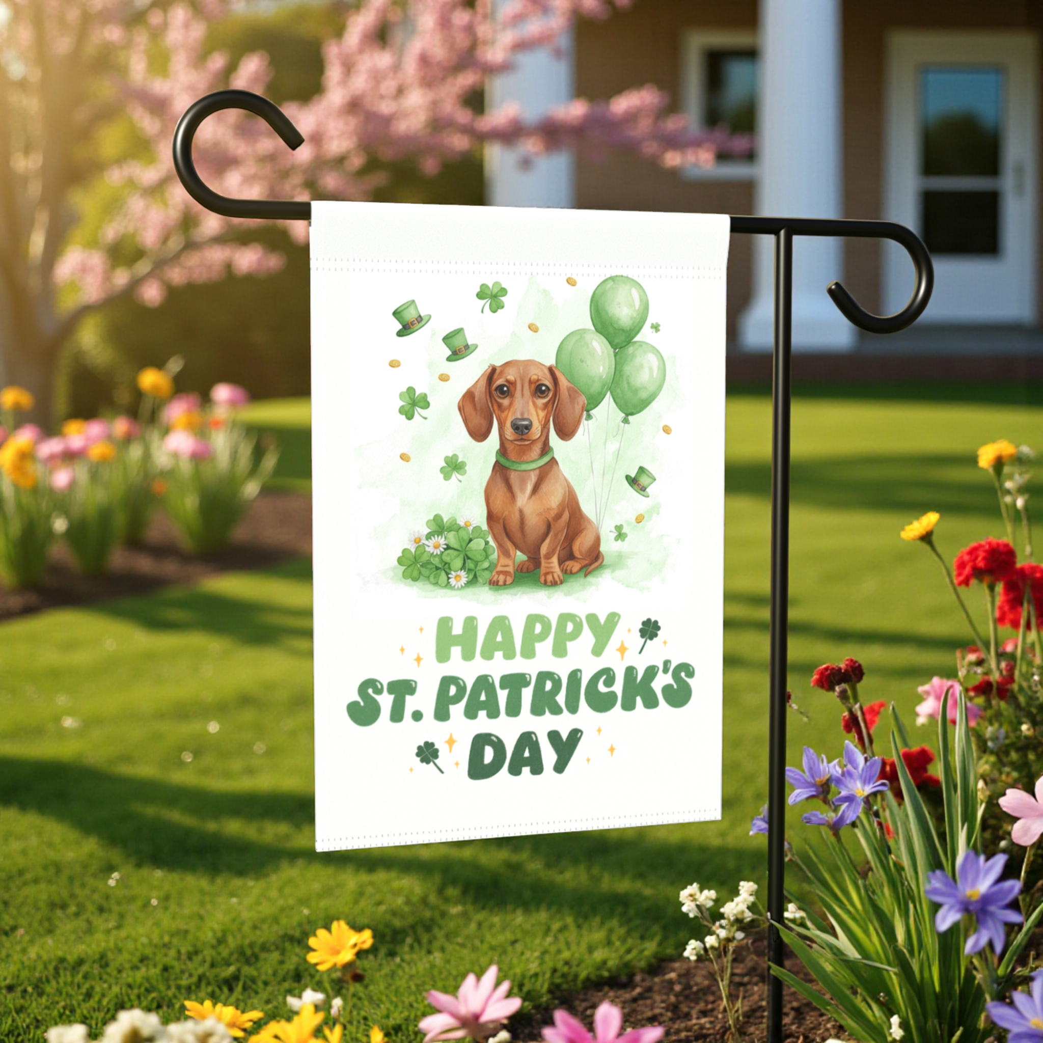 Dachshund St. Patrick's Day Garden Flag - lifestyle display - Dragonfire Gardens