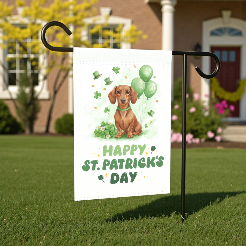 Dachshund St. Patrick's Day Garden Flag - size comparison - Dragonfire Gardens
