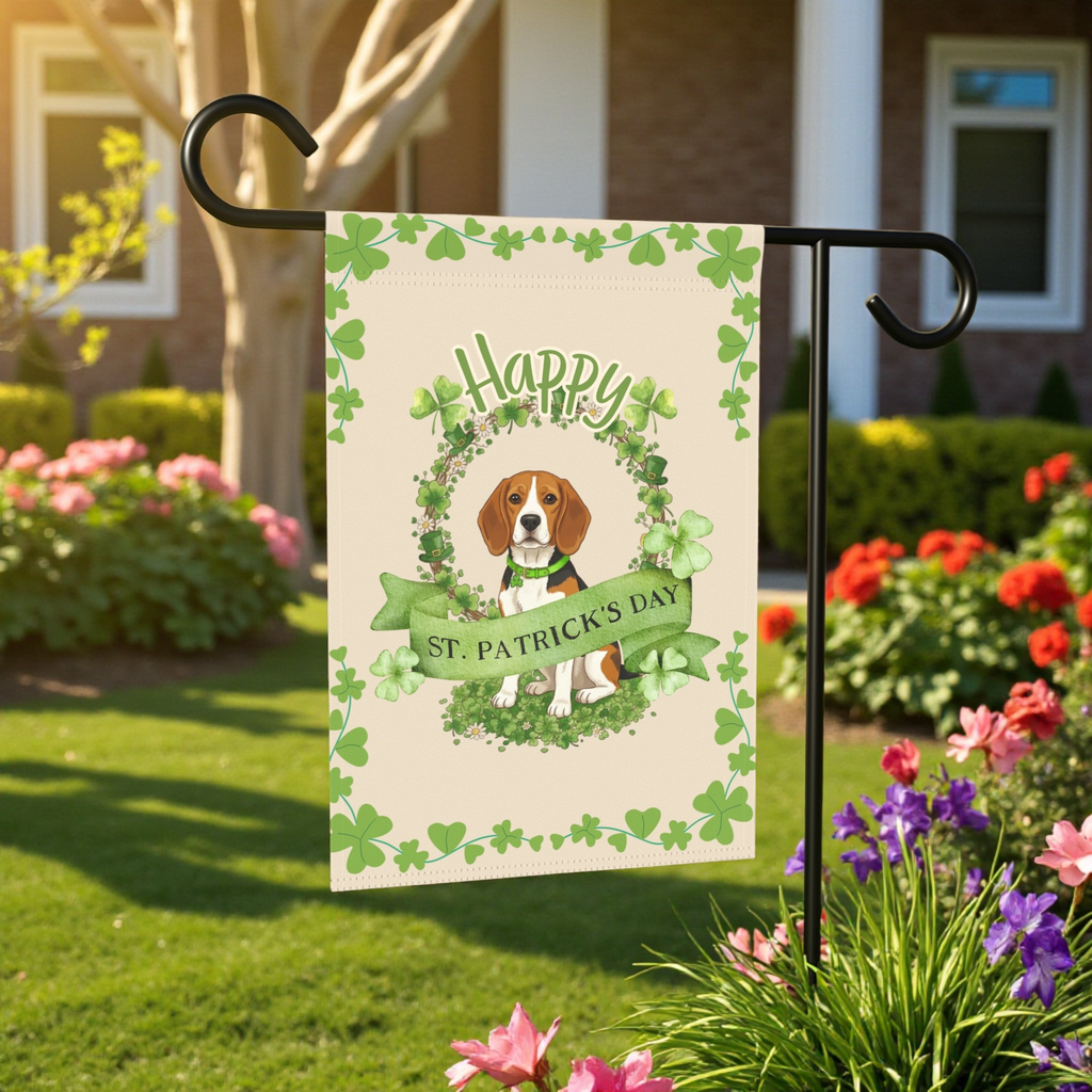 Happy St. Patrick's Day Beagle Garden Flag - size comparison - Dragonfire Gardens