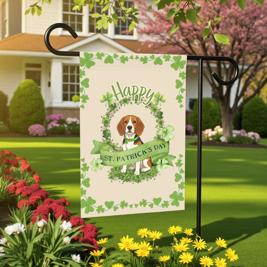 Happy St. Patrick's Day Beagle Garden Flag - front view - Dragonfire Gardens