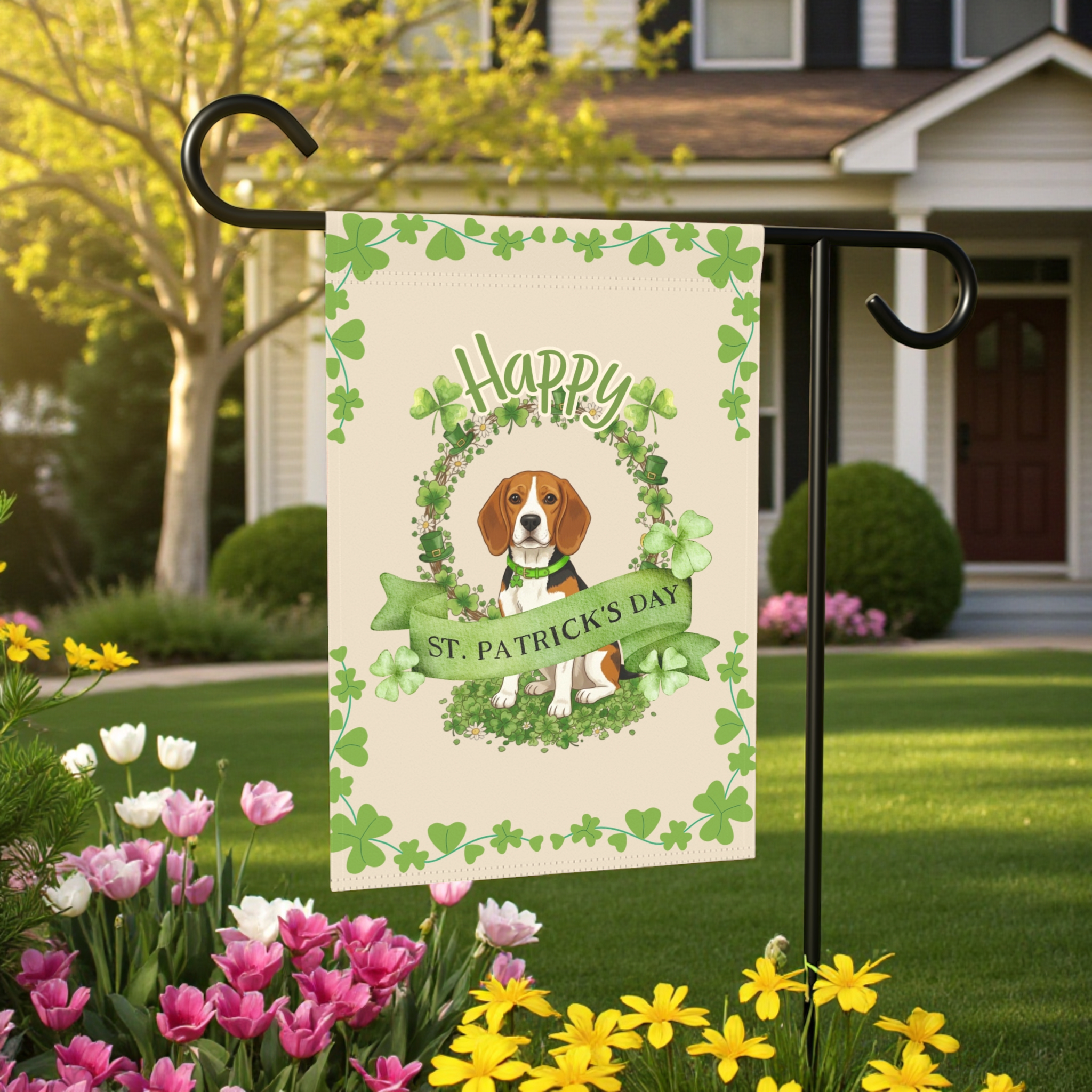 Happy St. Patrick's Day Beagle Garden Flag - lifestyle display - Dragonfire Gardens
