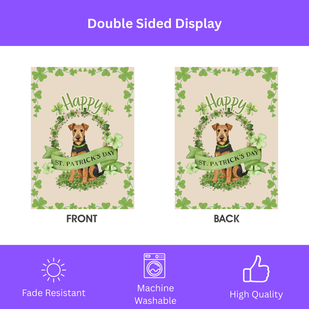 Happy St. Patrick’s Day Airedale Terrier Garden Flag - double-sided design - Dragonfire Gardens