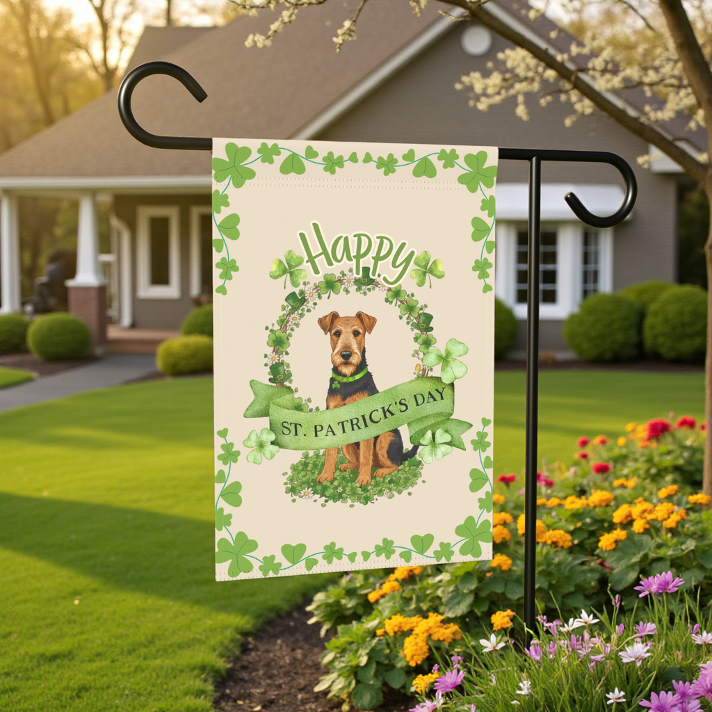 Happy St. Patrick’s Day Airedale Terrier Garden Flag - size comparison - Dragonfire Gardens