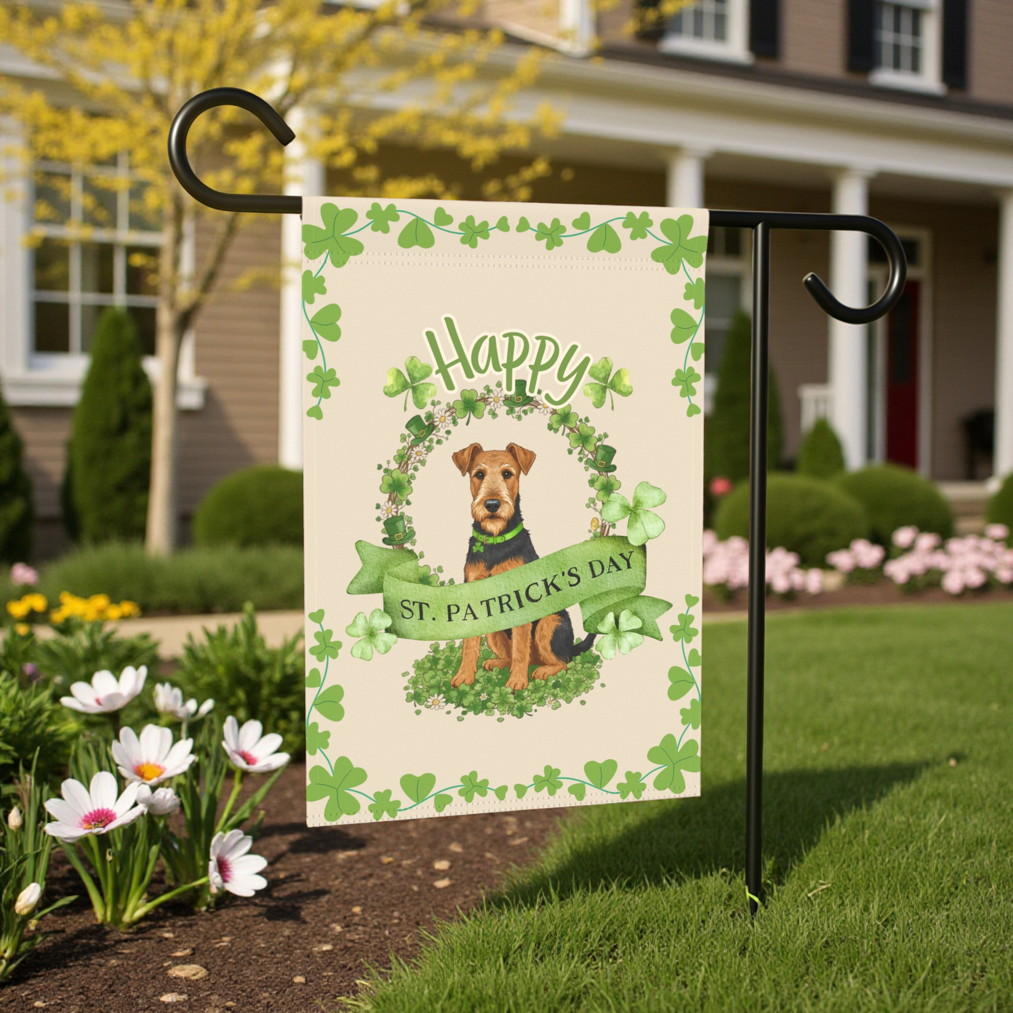 Happy St. Patrick’s Day Airedale Terrier Garden Flag - lifestyle display - Dragonfire Gardens
