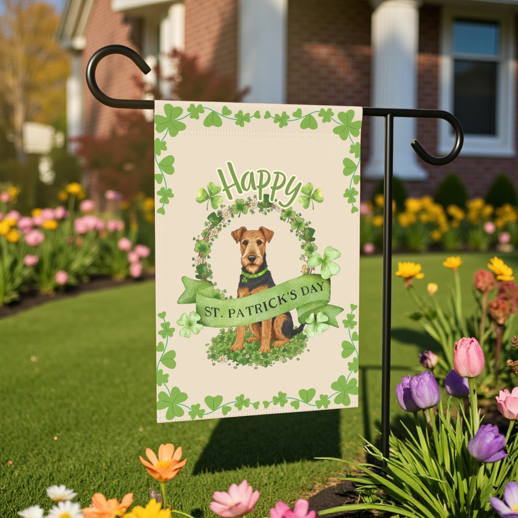 Happy St. Patrick’s Day Airedale Terrier Garden Flag - front view - Dragonfire Gardens