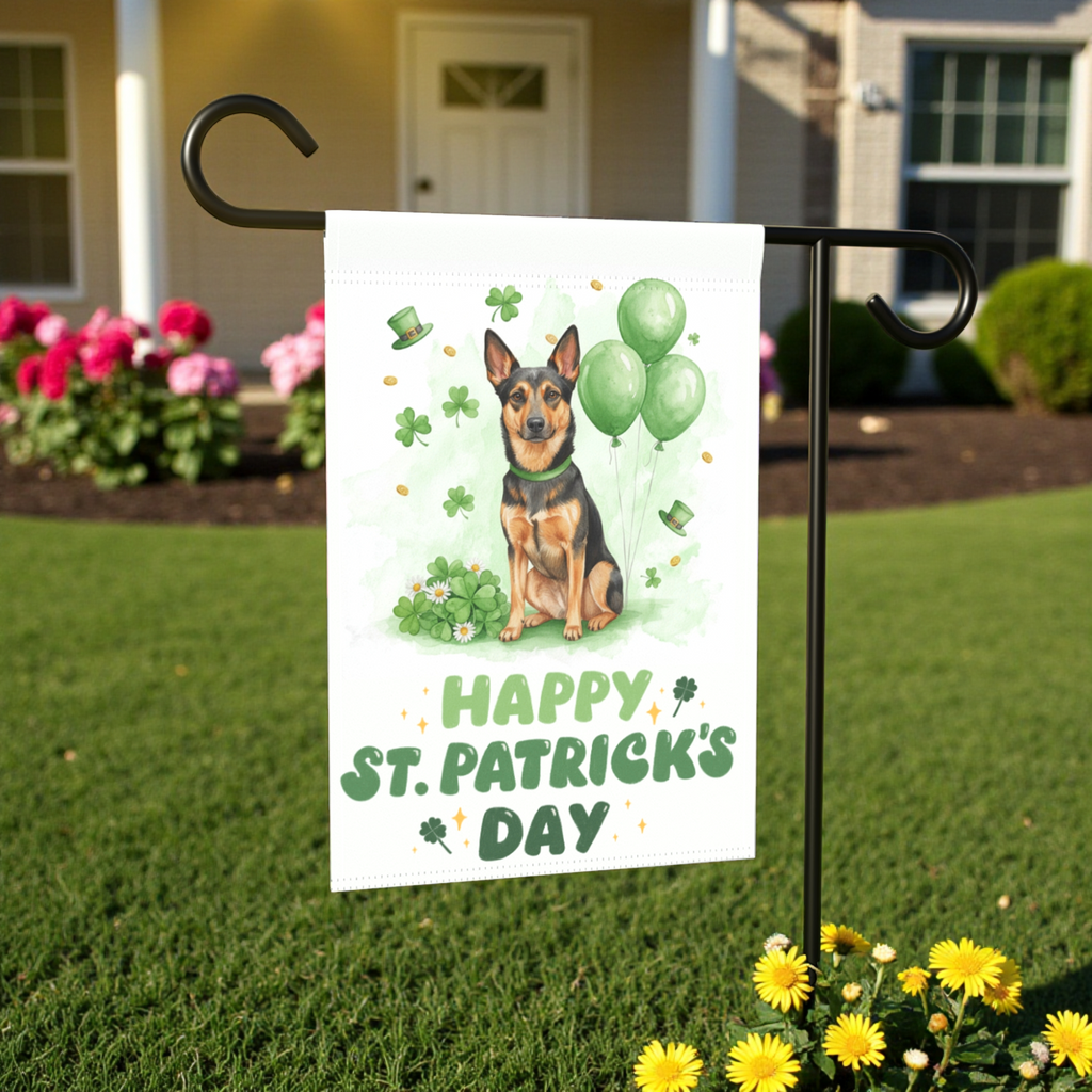 Australian Kelpie St. Patrick's Day Garden Flag - size comparison - Dragonfire Gardens