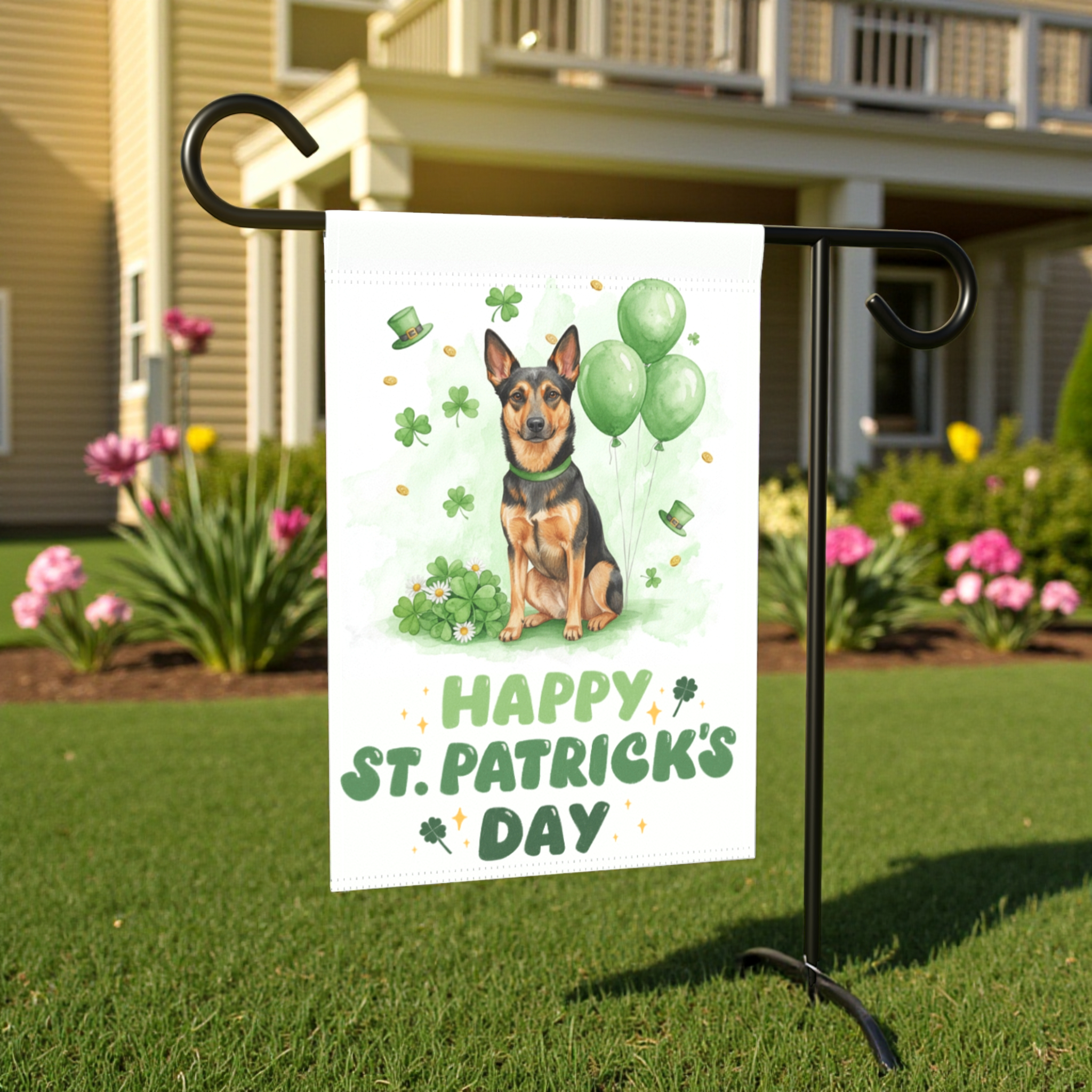 Australian Kelpie St. Patrick's Day Garden Flag - lifestyle display - Dragonfire Gardens
