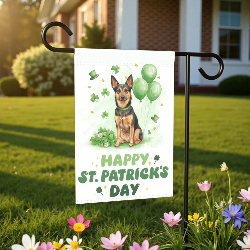 Australian Kelpie St. Patrick's Day Garden Flag - front view - Dragonfire Gardens