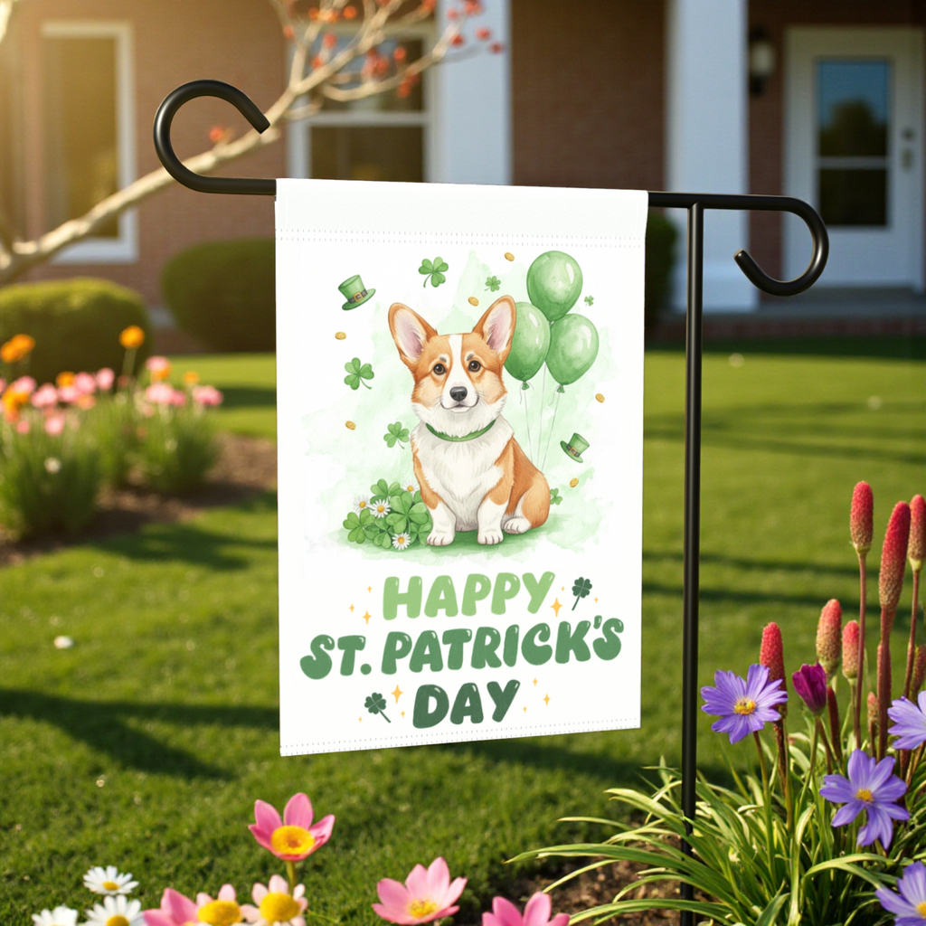 Corgi St. Patrick's Day Garden Flag - front view - Dragonfire Gardens