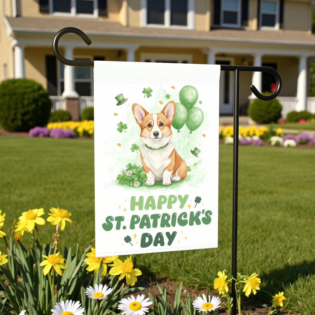 Corgi St. Patrick's Day Garden Flag - size comparison - Dragonfire Gardens