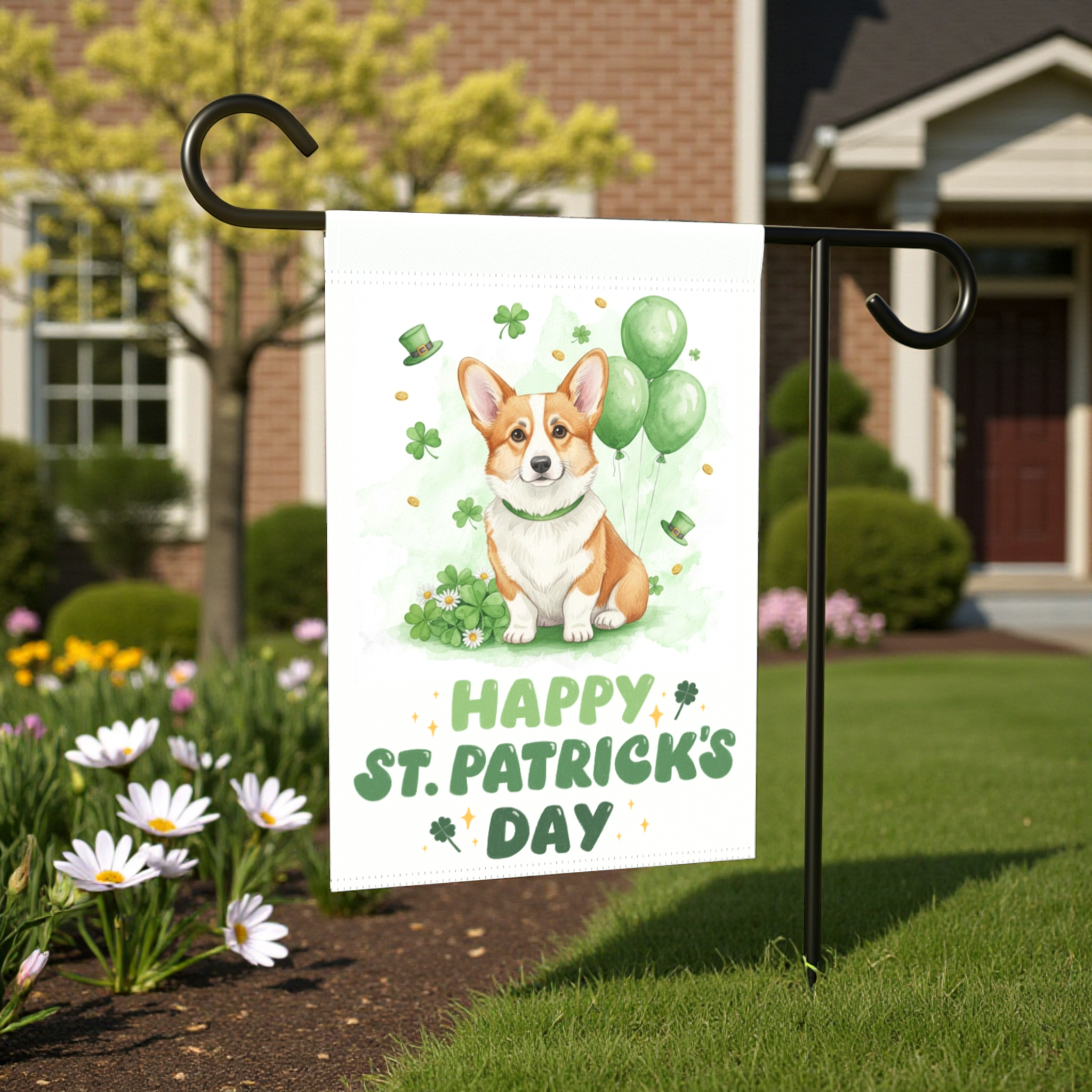 Corgi St. Patrick's Day Garden Flag - lifestyle display - Dragonfire Gardens