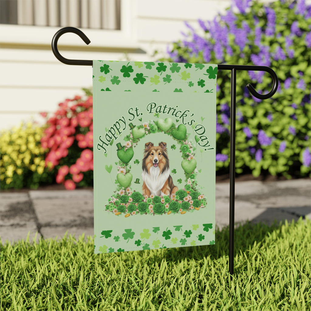 Happy St. Patrick's Day Sheltie Garden Flag - outdoor display - Dragonfire Gardens
