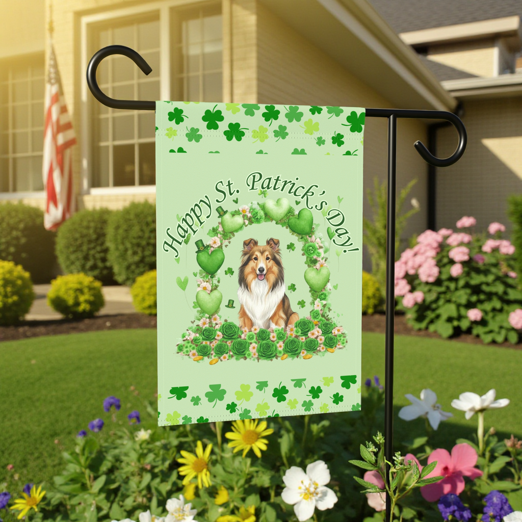Happy St. Patrick's Day Sheltie Garden Flag - front view - Dragonfire Gardens