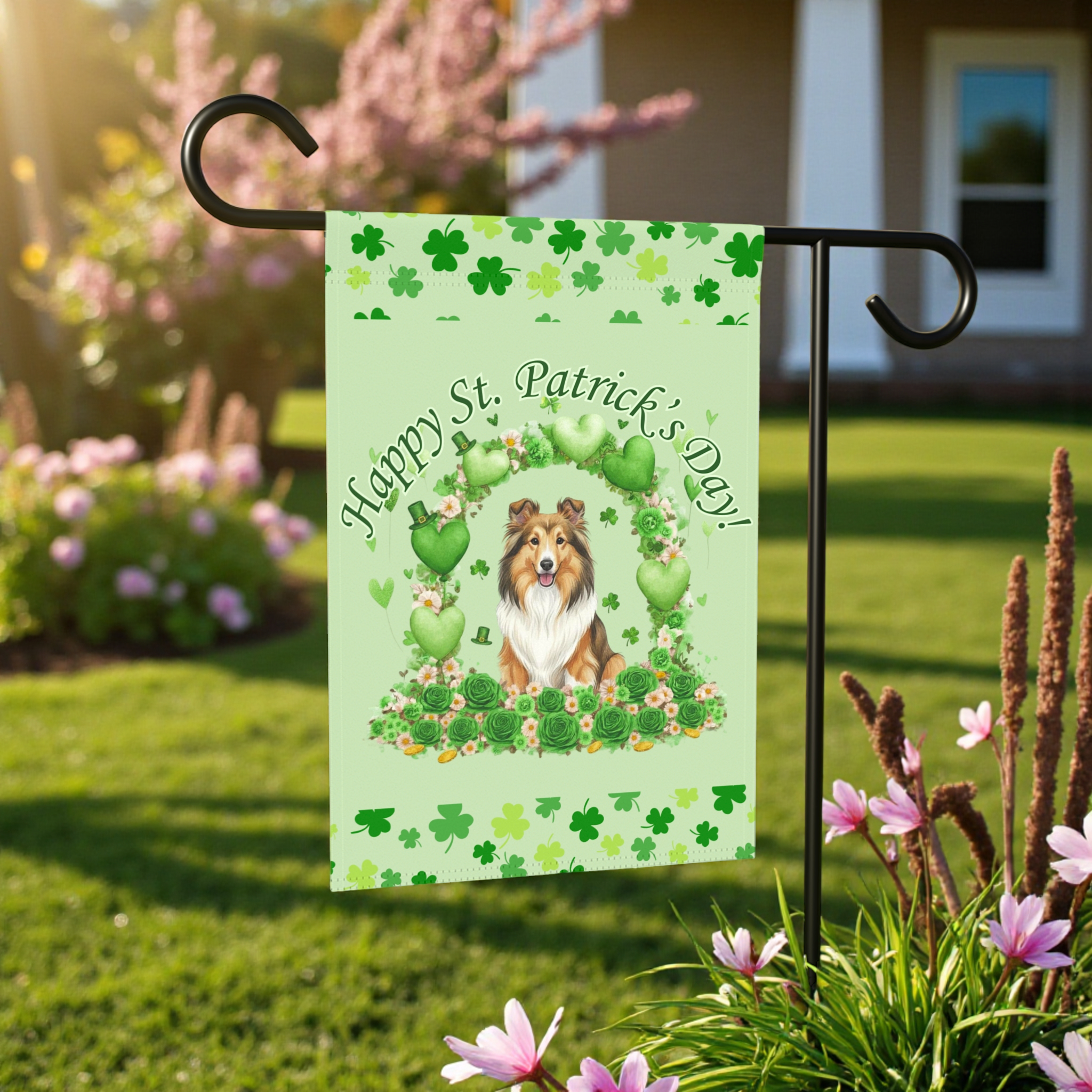 Happy St. Patrick's Day Sheltie Garden Flag - lifestyle display - Dragonfire Gardens