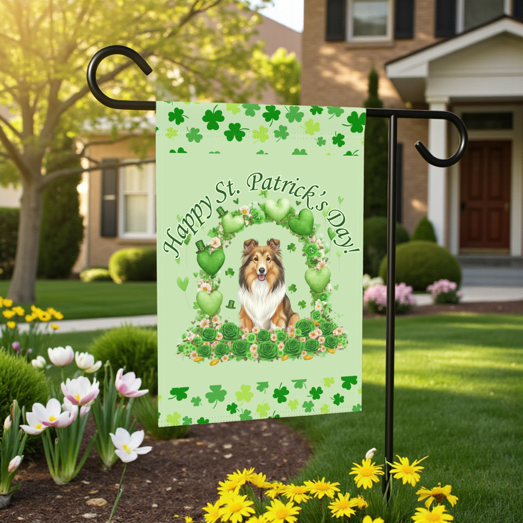 Happy St. Patrick's Day Sheltie Garden Flag - size comparison - Dragonfire Gardens