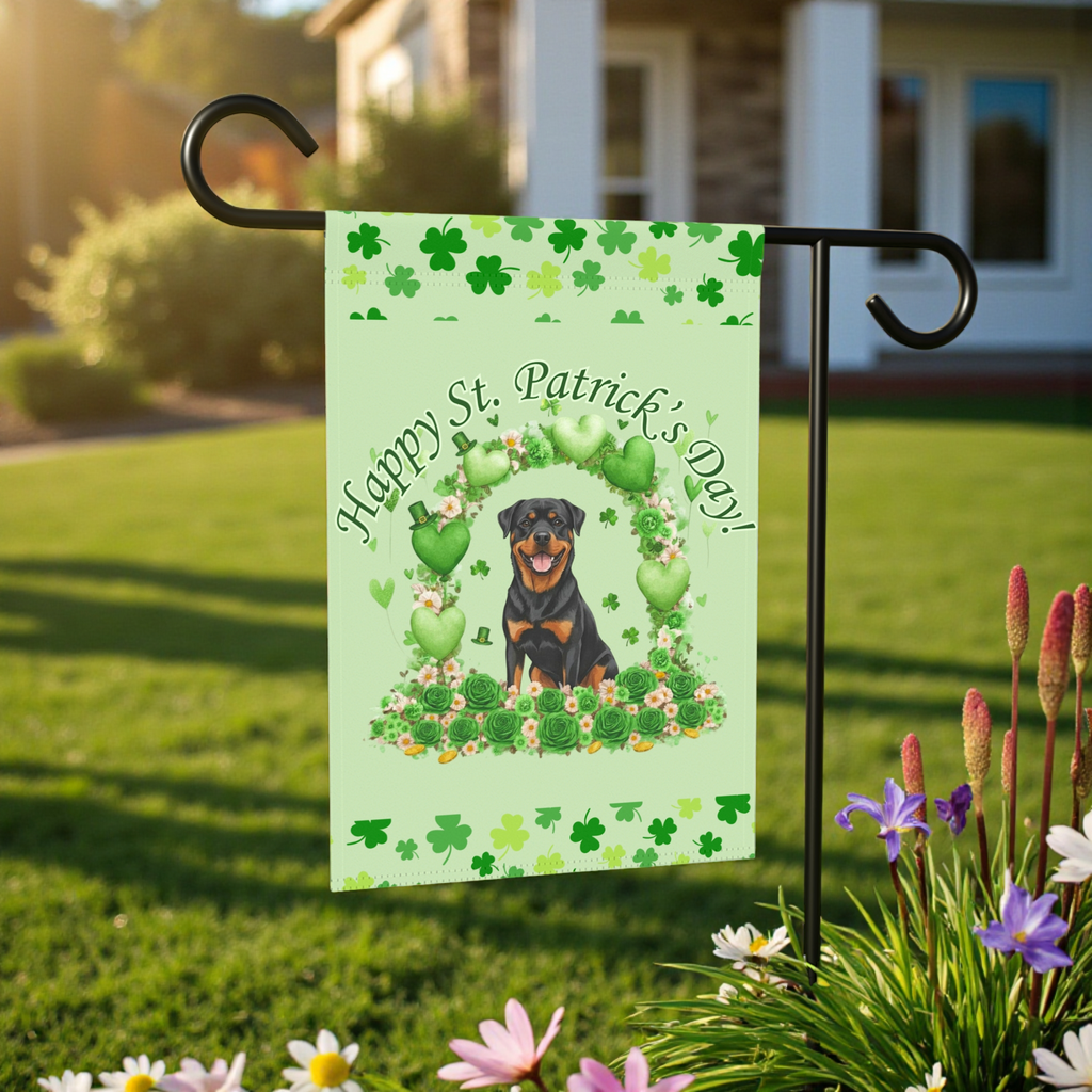 Happy St. Patrick's Day Rottweiler Garden Flag - size comparison - Dragonfire Gardens