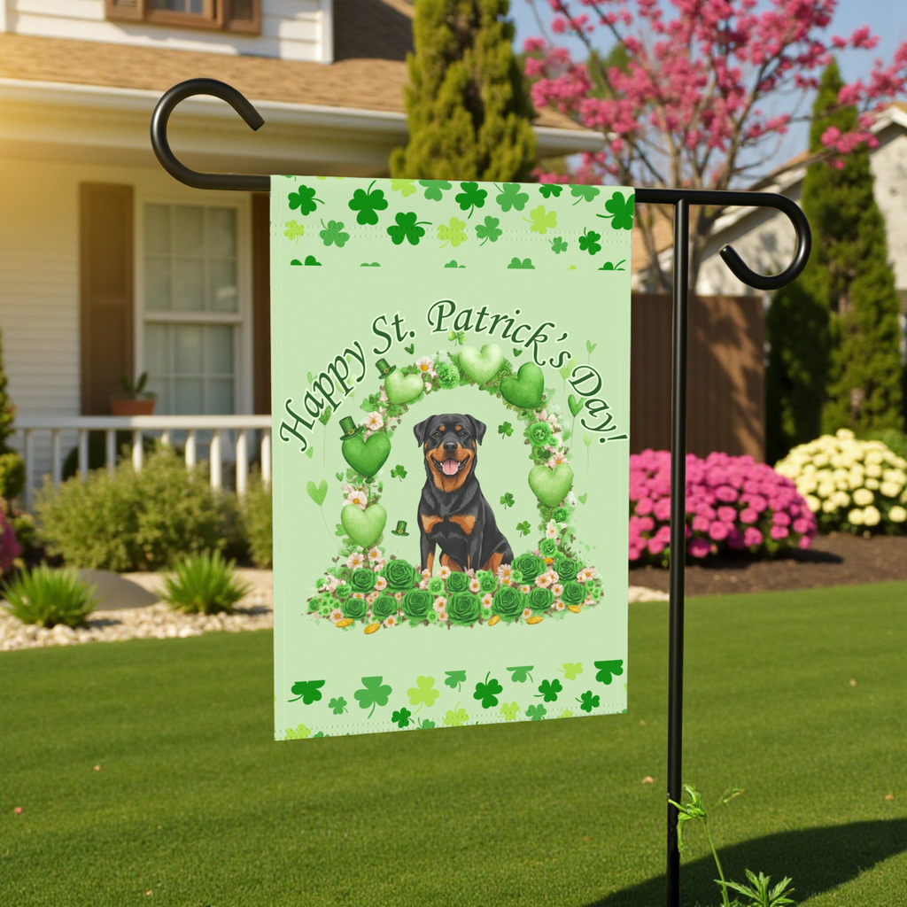 Happy St. Patrick's Day Rottweiler Garden Flag - lifestyle display - Dragonfire Gardens