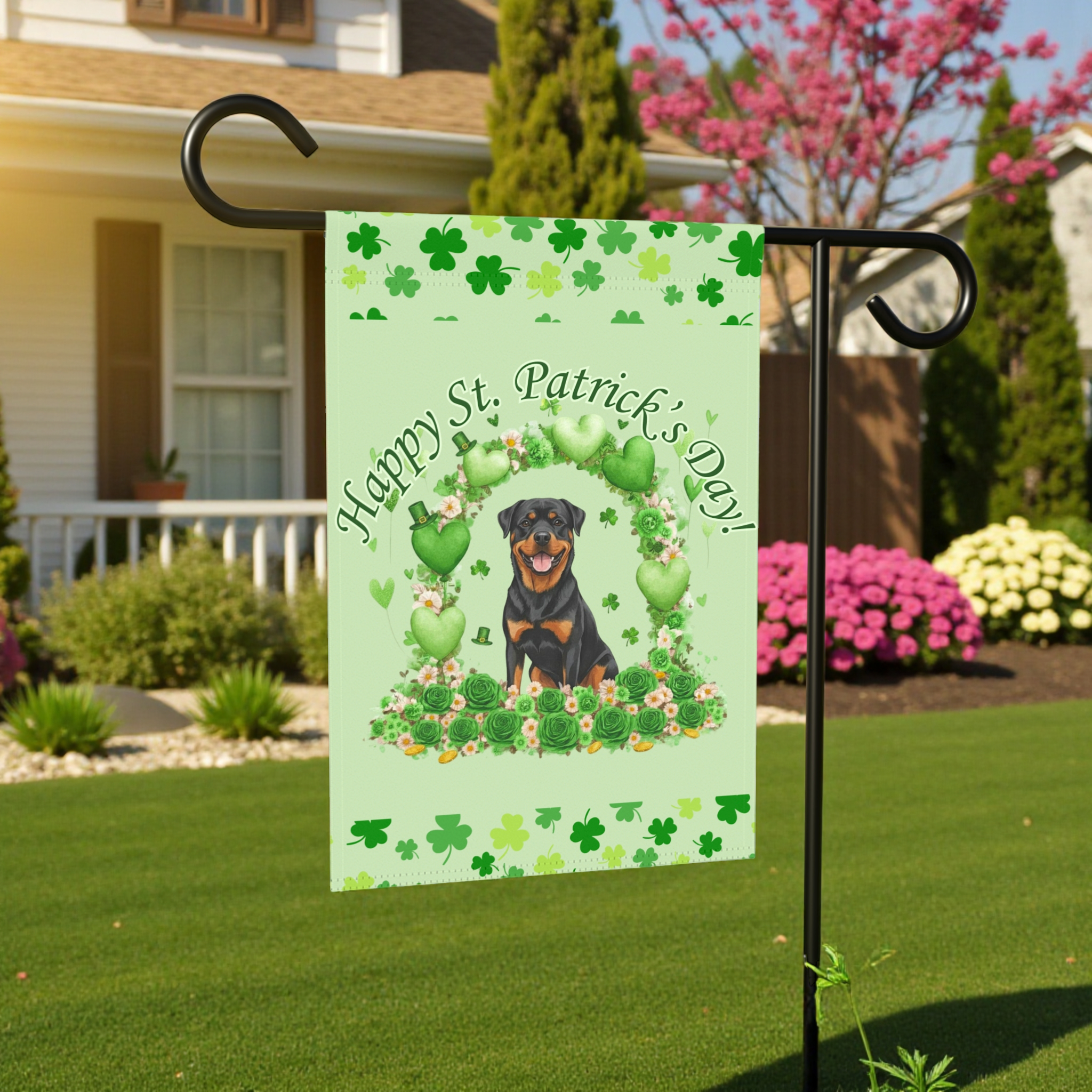 Happy St. Patrick's Day Rottweiler Garden Flag - lifestyle display - Dragonfire Gardens