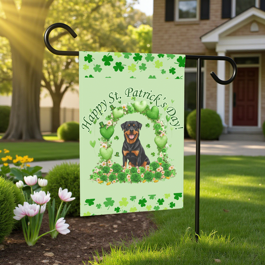 Happy St. Patrick's Day Rottweiler Garden Flag - front view - Dragonfire Gardens
