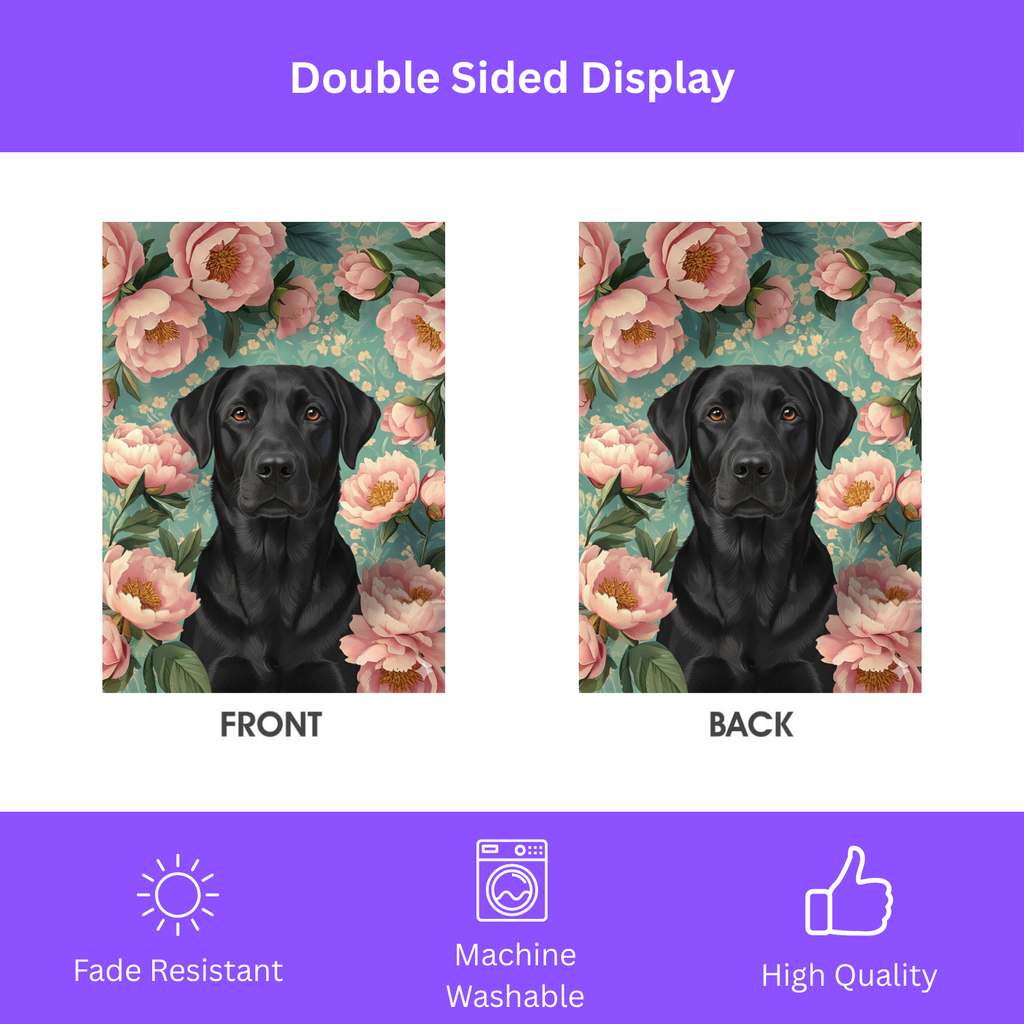 Pink Peony Black Labrador Retriever Garden Flag - double-sided design - Dragonfire Gardens