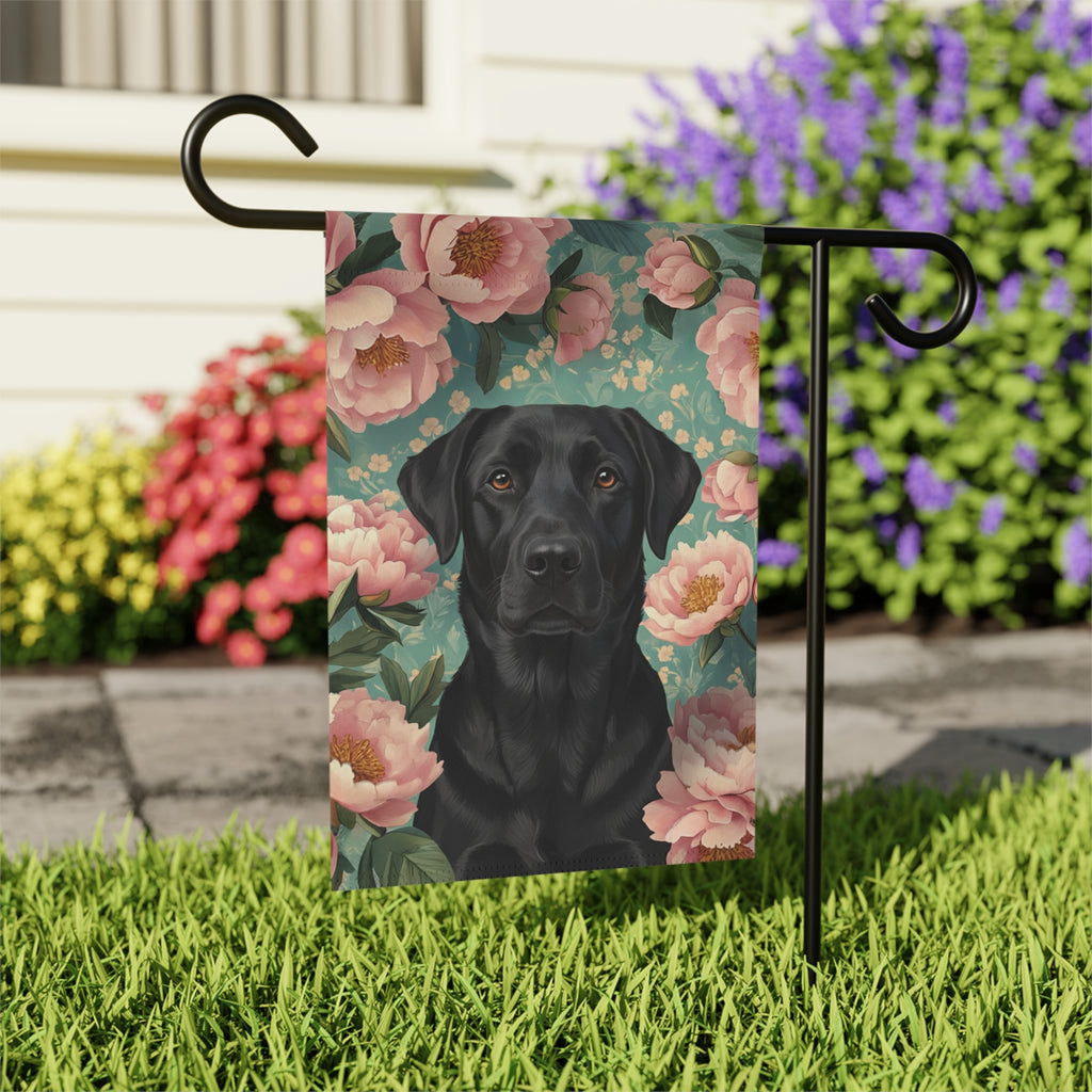 Pink Peony Black Labrador Retriever Garden Flag - outdoor display - Dragonfire Gardens