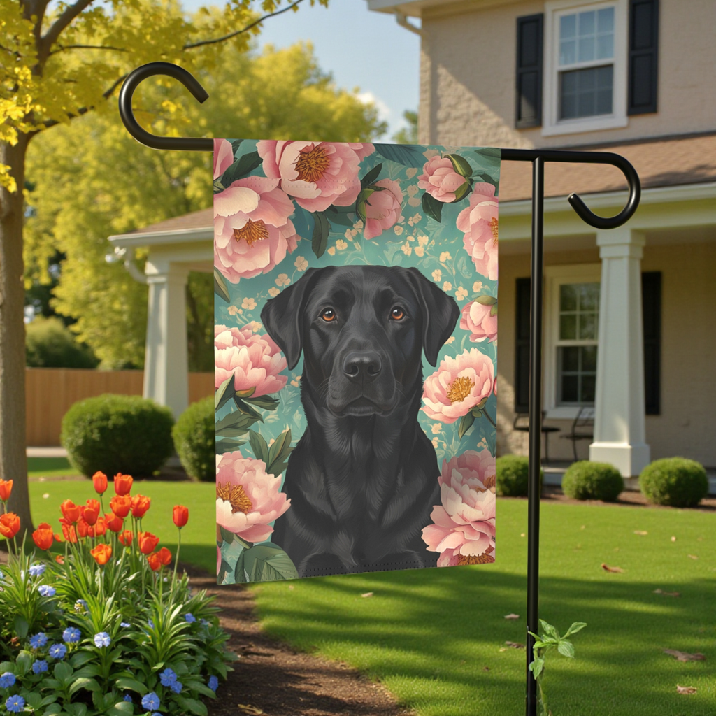 Pink Peony Black Labrador Retriever Garden Flag - front view - Dragonfire Gardens