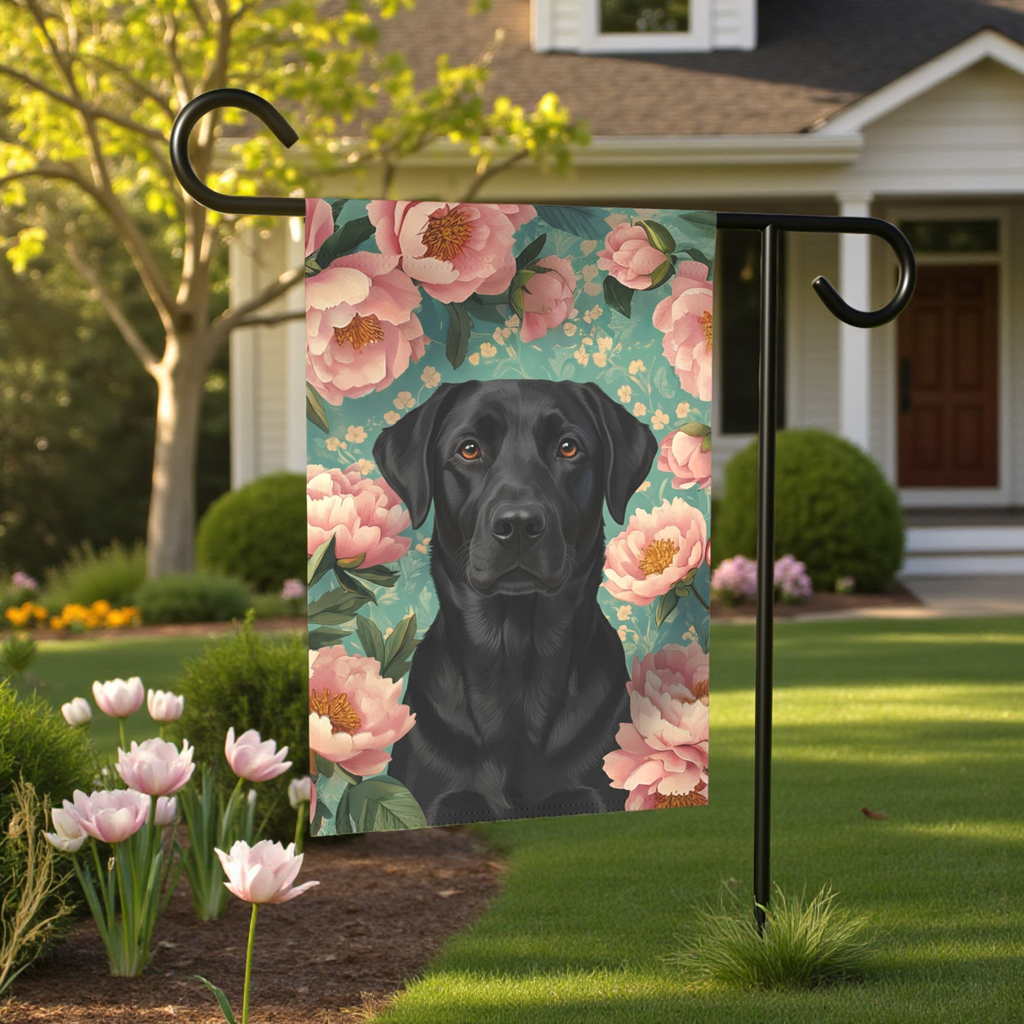 Pink Peony Black Labrador Retriever Garden Flag - size comparison - Dragonfire Gardens