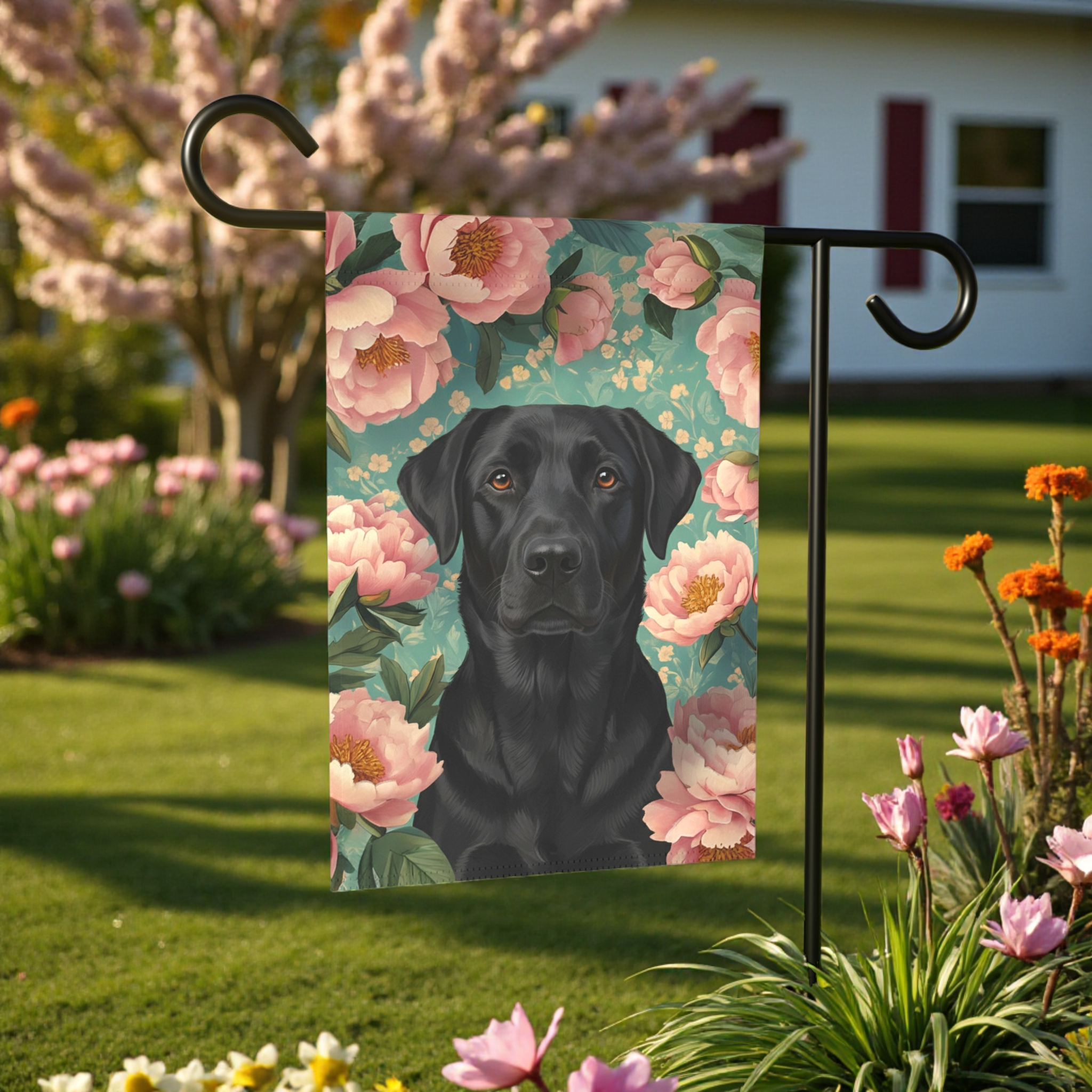 Pink Peony Black Labrador Retriever Garden Flag - lifestyle display - Dragonfire Gardens