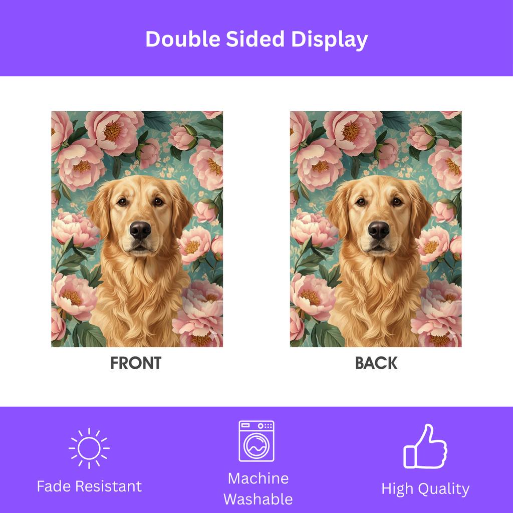 Pink Peony Golden Retriever Garden Flag - double-sided design - Dragonfire Gardens