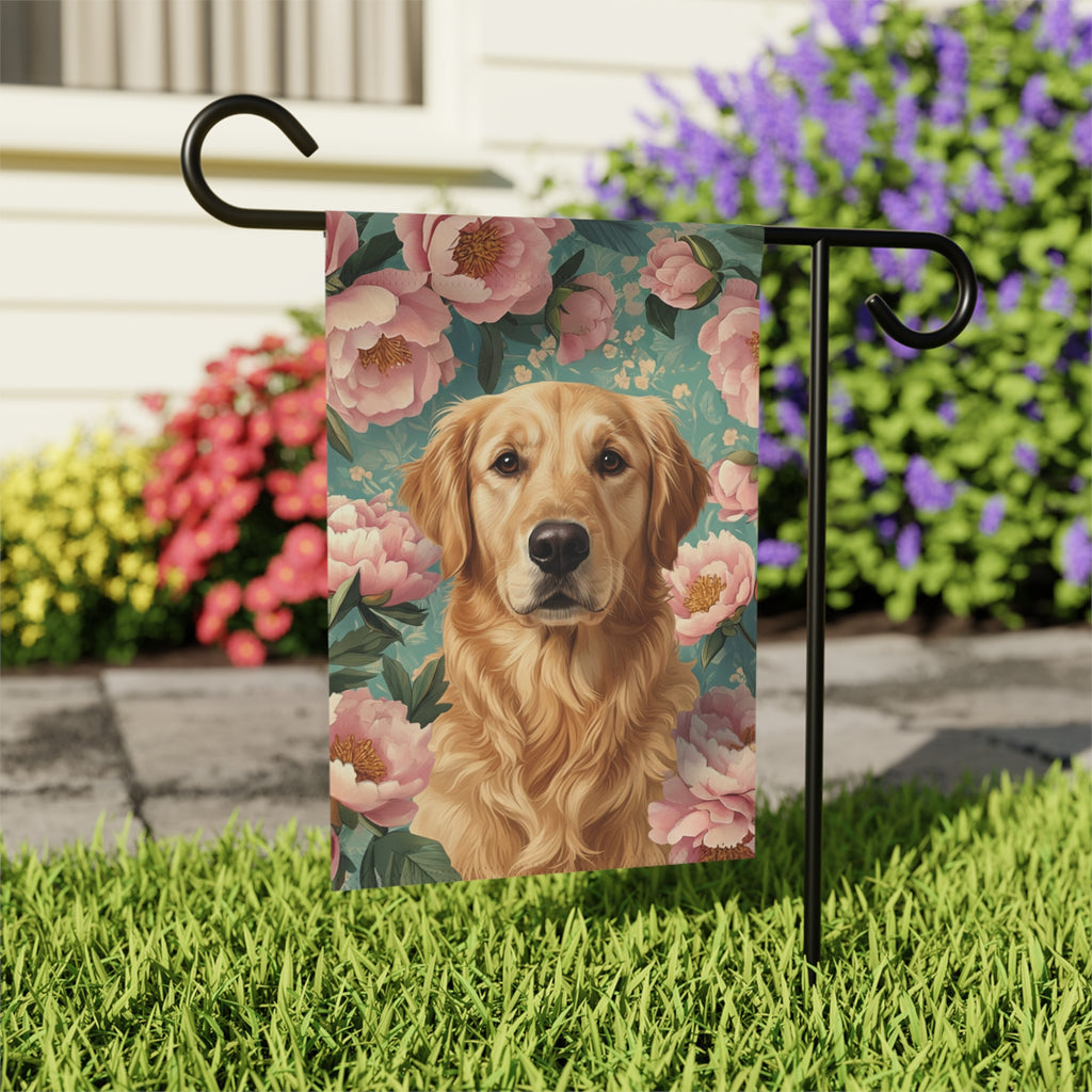 Pink Peony Golden Retriever Garden Flag - outdoor display - Dragonfire Gardens