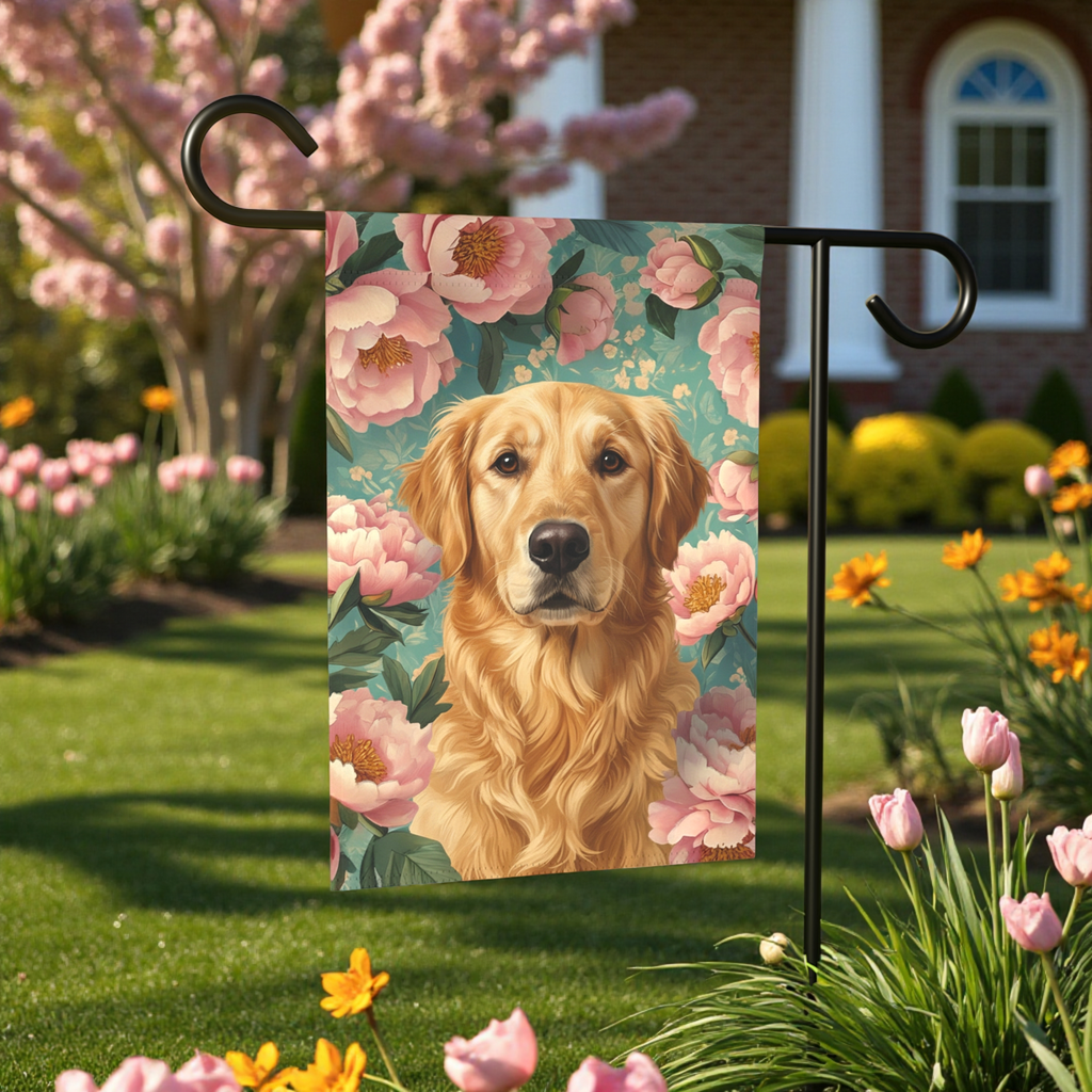 Pink Peony Golden Retriever Garden Flag - lifestyle display - Dragonfire Gardens