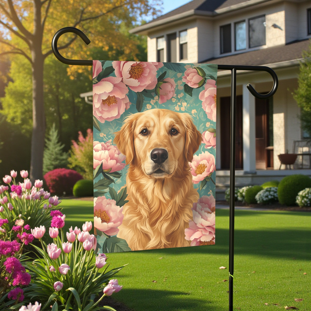Pink Peony Golden Retriever Garden Flag - front view - Dragonfire Gardens