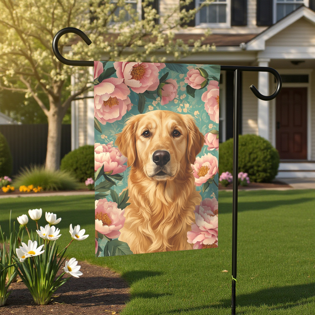 Pink Peony Golden Retriever Garden Flag - size comparison - Dragonfire Gardens