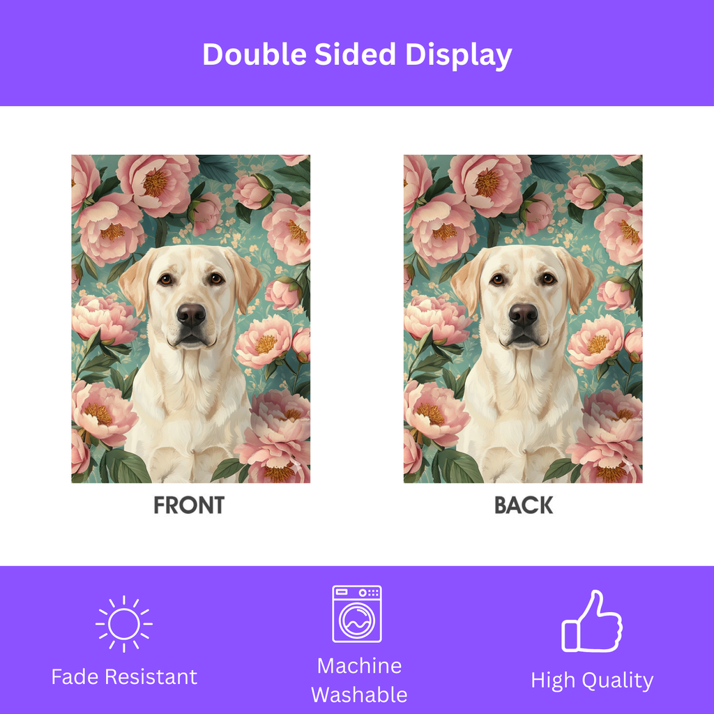 Pink Peony Yellow Labrador Retriever Garden Flag - double-sided design - Dragonfire Gardens