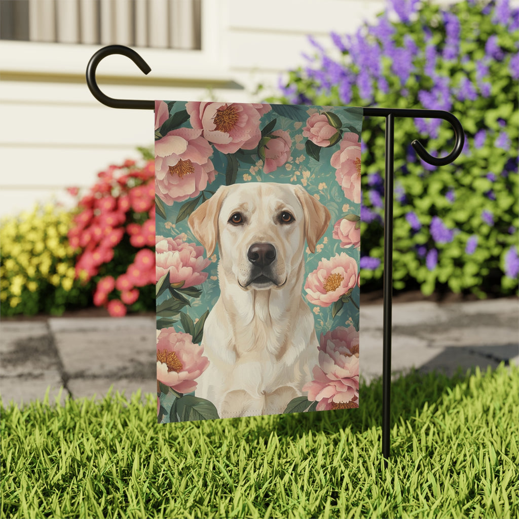Pink Peony Yellow Labrador Retriever Garden Flag - outdoor display - Dragonfire Gardens