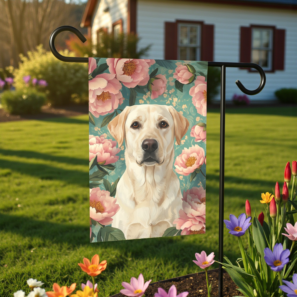 Pink Peony Yellow Labrador Retriever Garden Flag - size comparison - Dragonfire Gardens